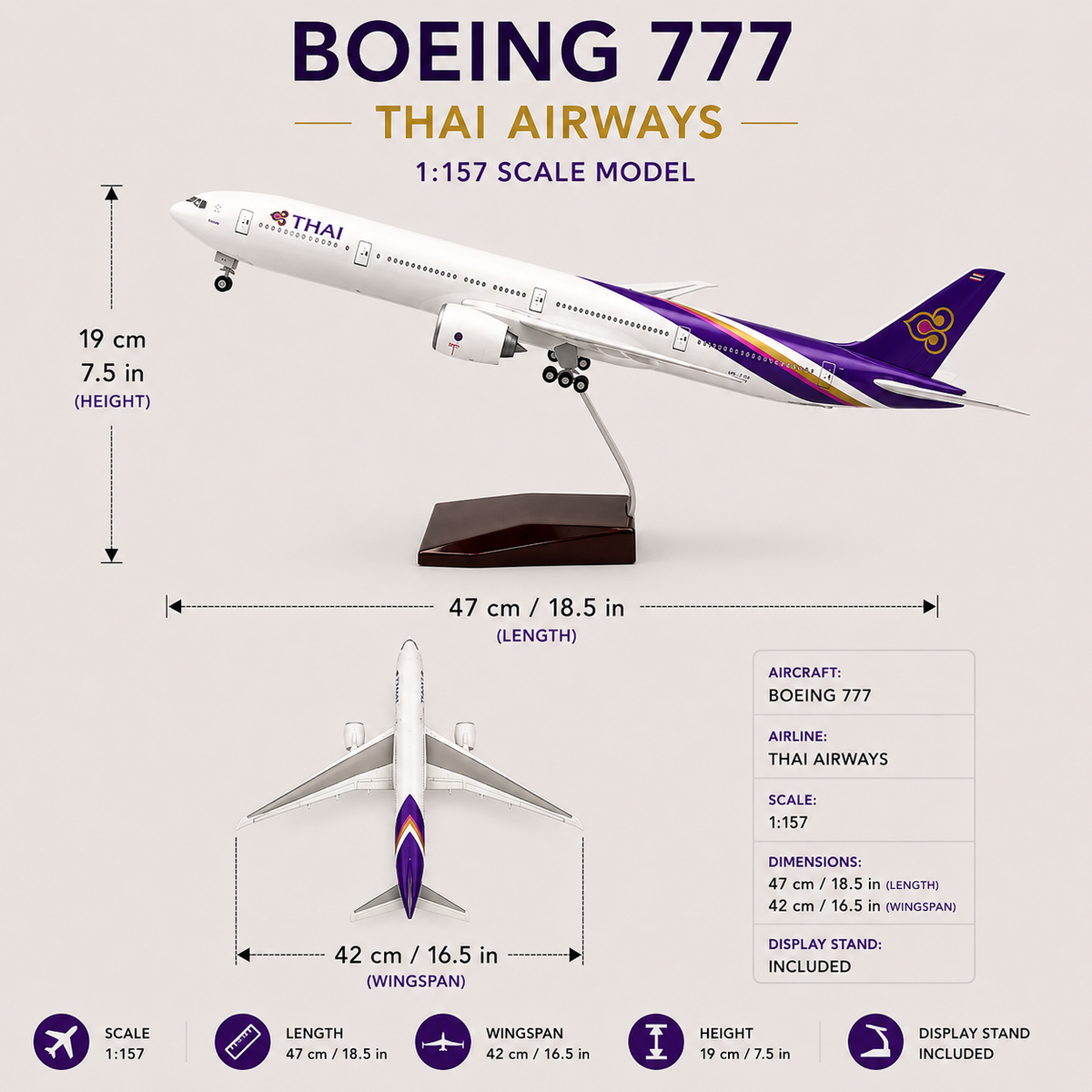 Thai Airways Boeing 777 1:157 Scale Resin Airplane Model – 47 cm / 18.5 in