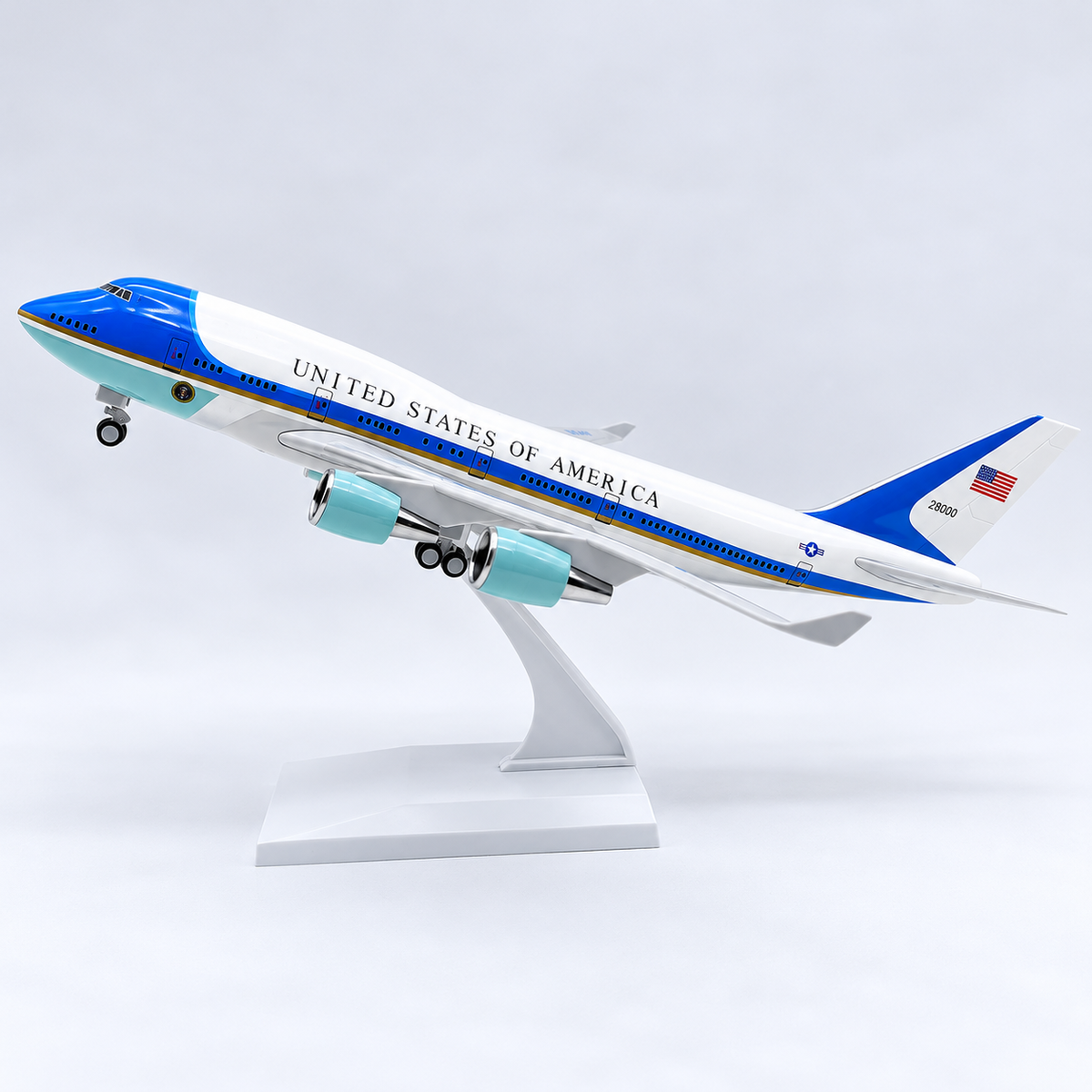 Air Force One Boeing 747-400 Presidential Blue and White Livery 1:250 Scale Resin Aircraft Model 30cm with Display Stand