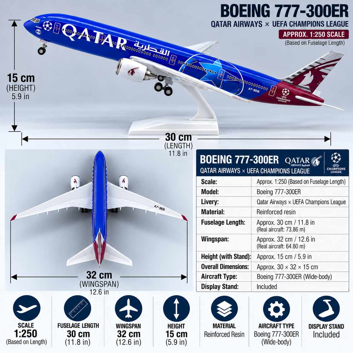 Qatar Airways Boeing 777-300ER UEFA Champions League 1:250 Scale Resin Aircraft Model – 30cm