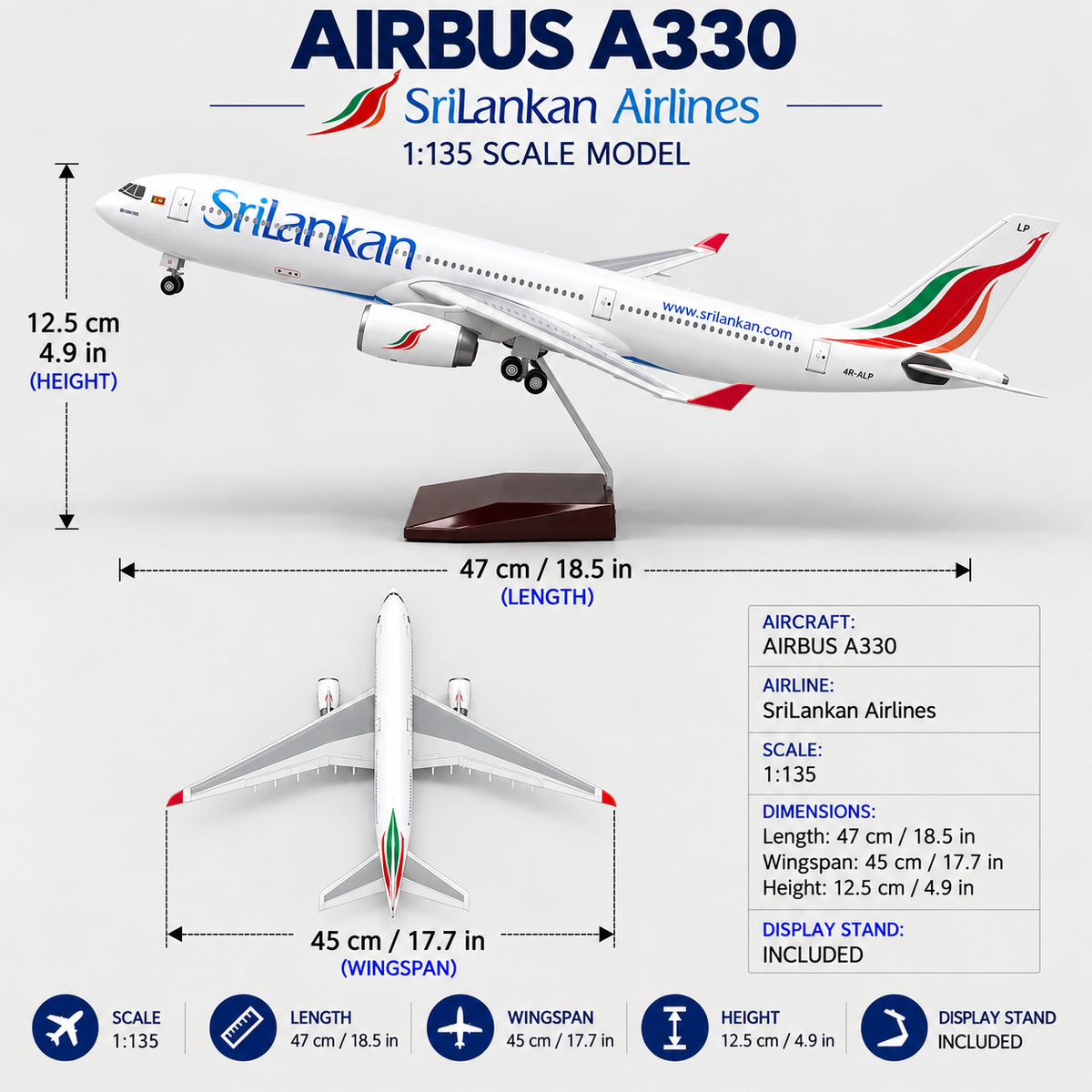 SriLankan Airlines Airbus A330 1:135 Scale LED Model – 47cm Touch & Sound-Activated Collector Aircraft