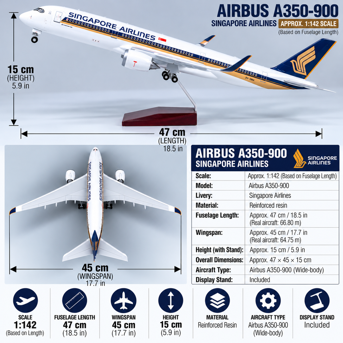 Modelo de avión Singapore Airlines Airbus A350 a escala 1:142 – 47 cm / 18.5 pulgadas