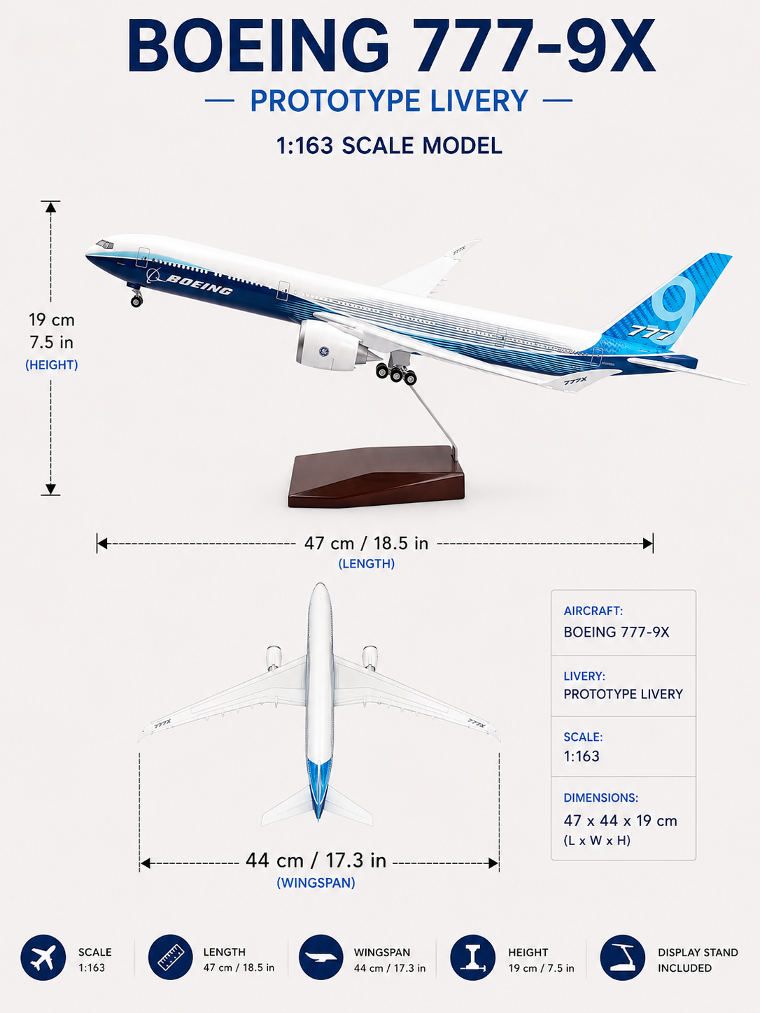 Boeing 777-9X Prototype 1:163 Scale Aircraft Model – 47cm LED Collector Model
