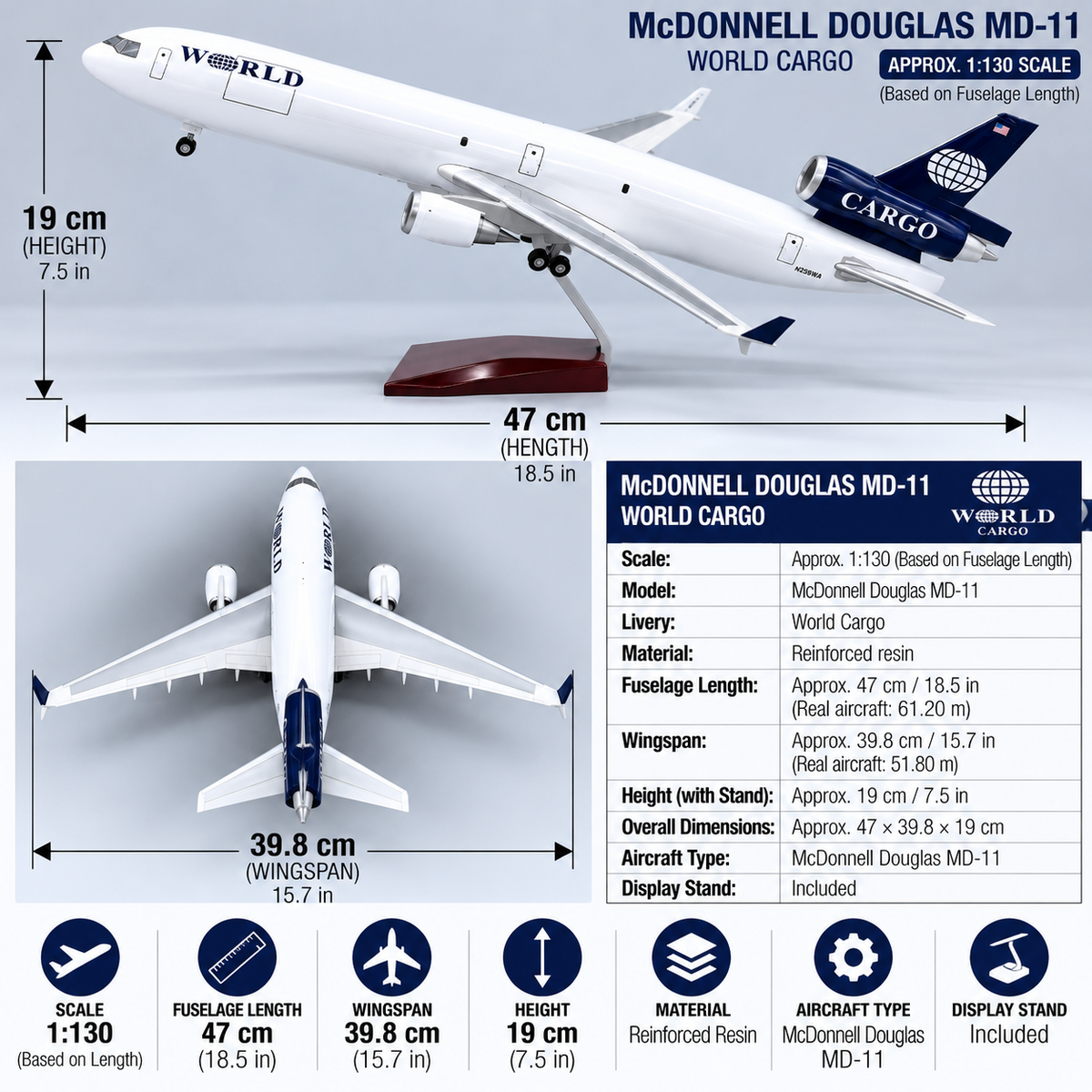 World Cargo McDonnell Douglas MD-11 1:130 Scale Aircraft Model – 47cm Premium Resin Cargo Plane Model