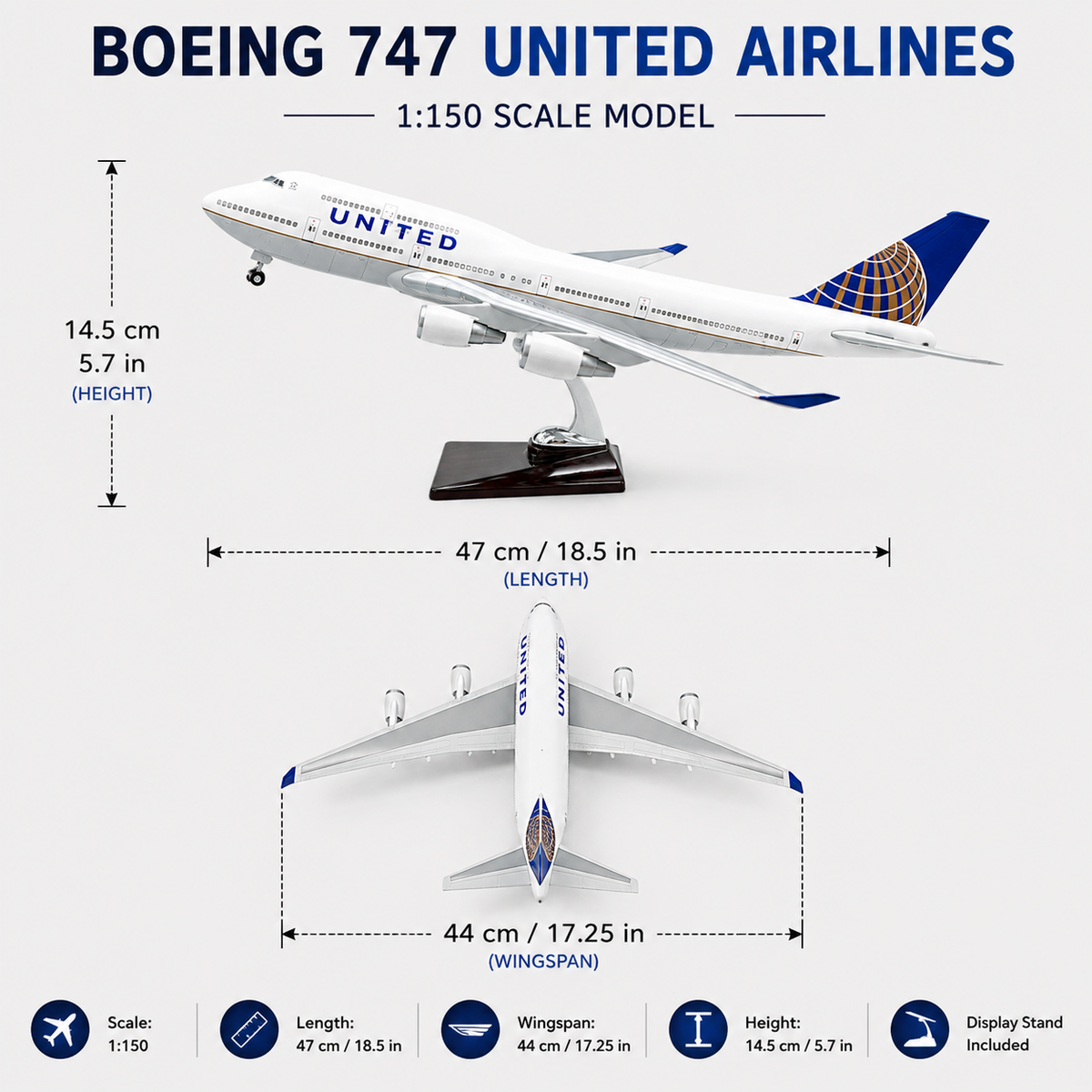 United Airlines Boeing 747 Aircraft Model 1:150 – 47cm Extra Large Collector Display Model