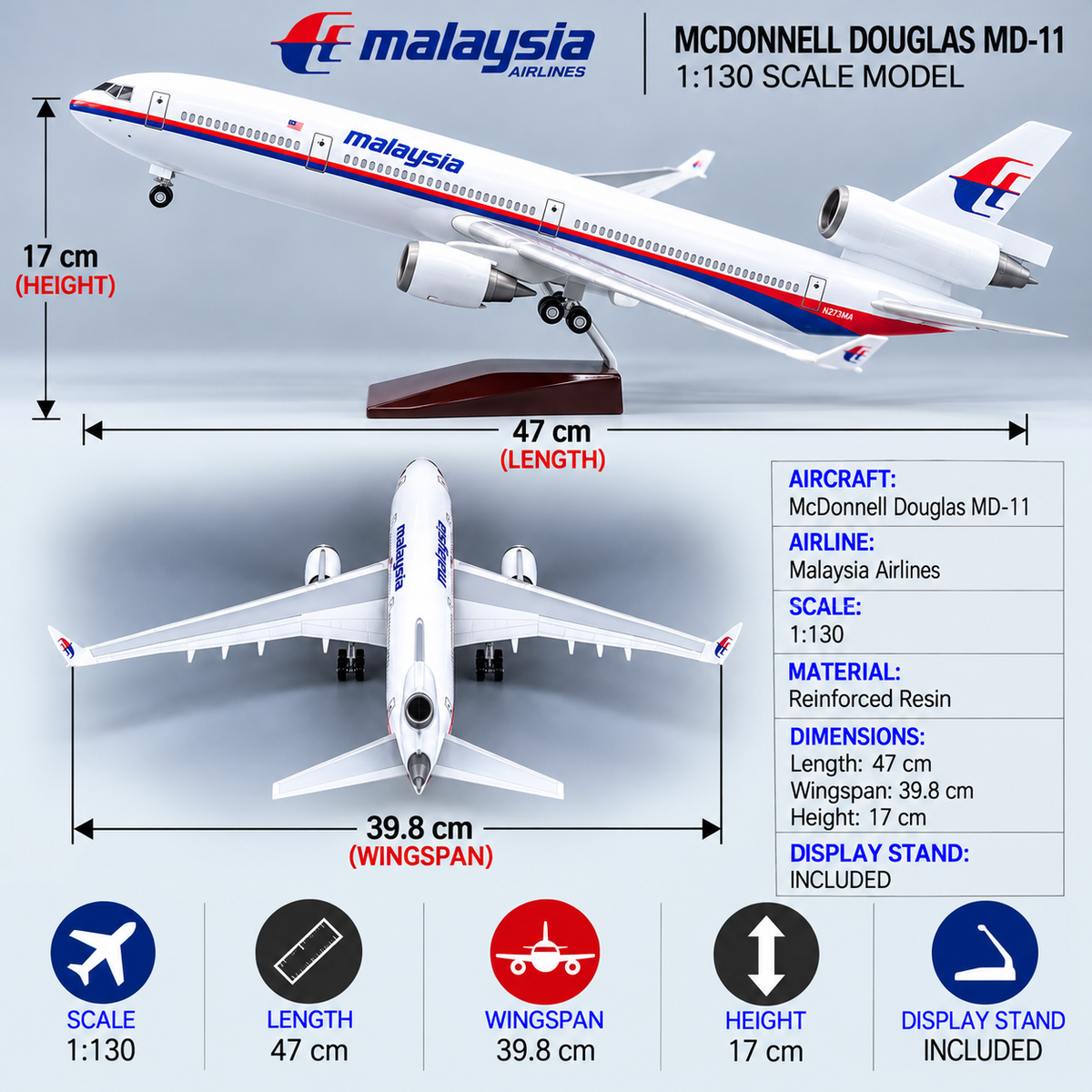 Malaysia Airlines McDonnell Douglas MD-11 1:130 Scale LED Aircraft Model