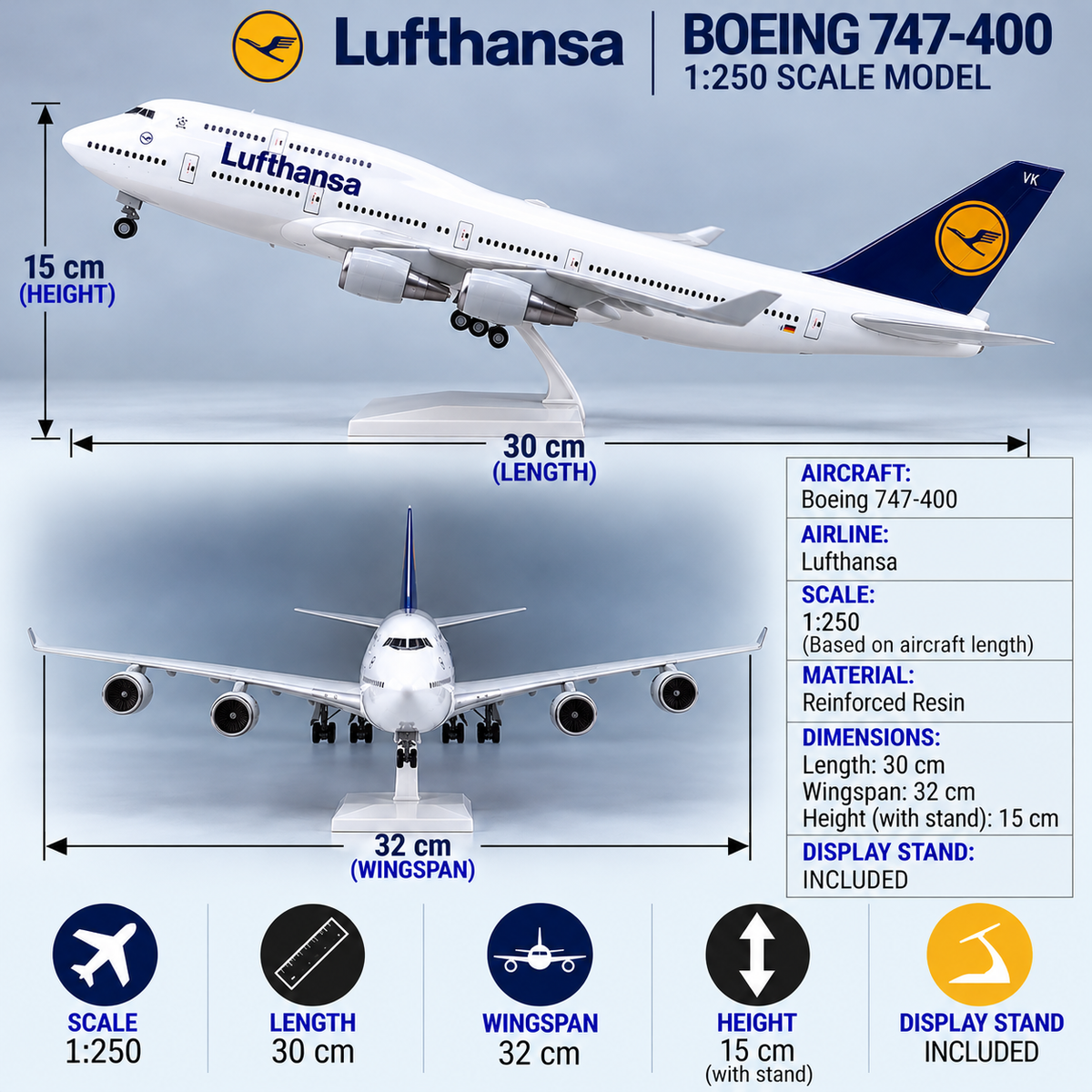 Lufthansa Boeing 747-4 1:250 Scale Resin Aircraft Model – 30 cm / 11.8 in