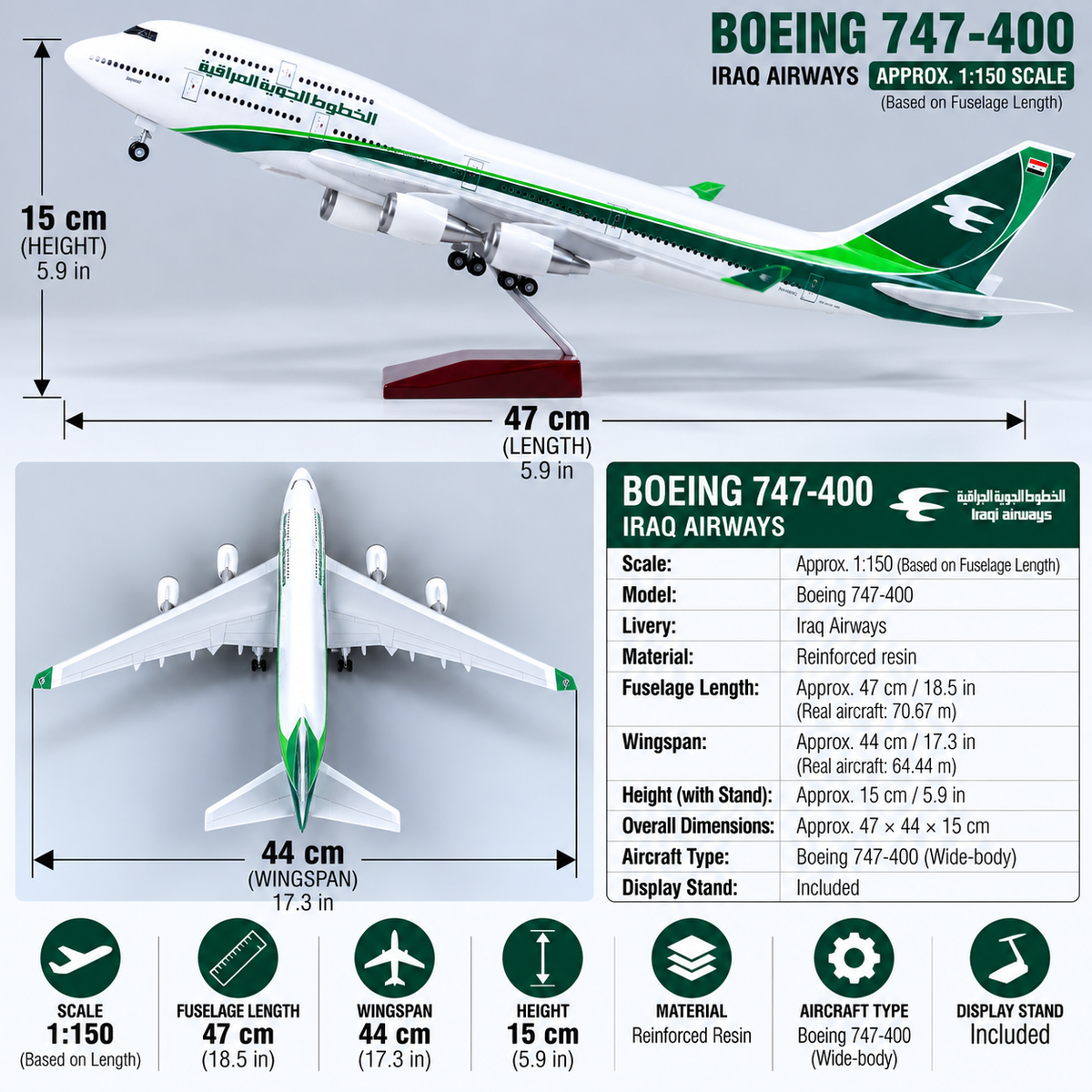 Iraqi Airways Boeing 747-400 1:150 Scale LED Aircraft Model – 47cm  Resin Collector Model