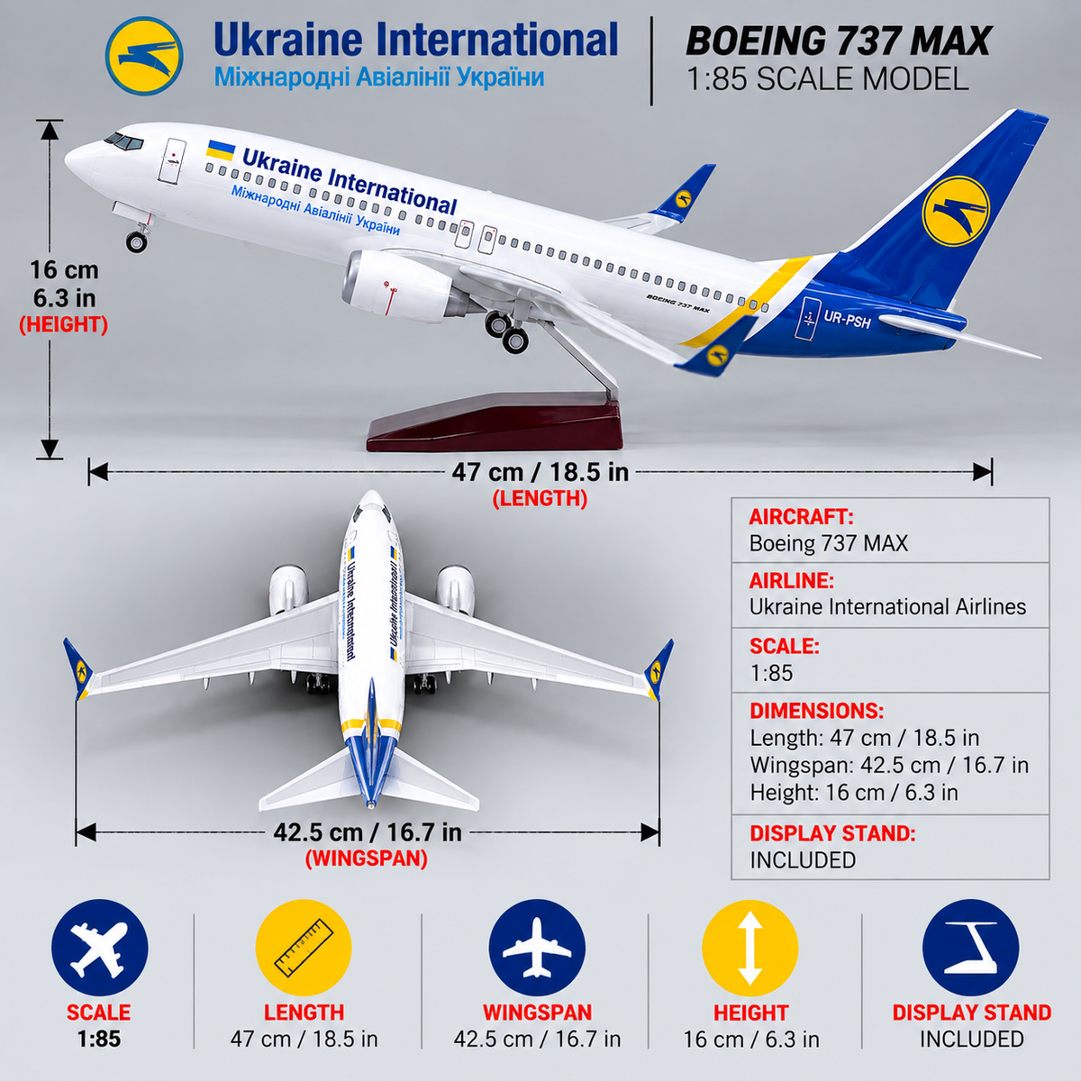 Ukraine International Airlines Boeing 737-800 1:85 Scale LED Aircraft Model