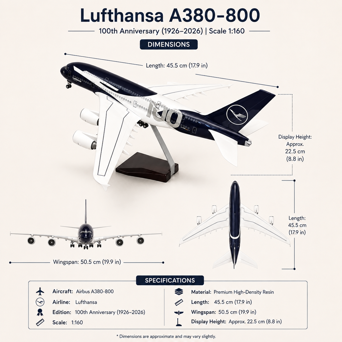 Lufthansa Airbus A380 100th Anniversary Edition Airplane Model with LED Lights – 1:160 Scale