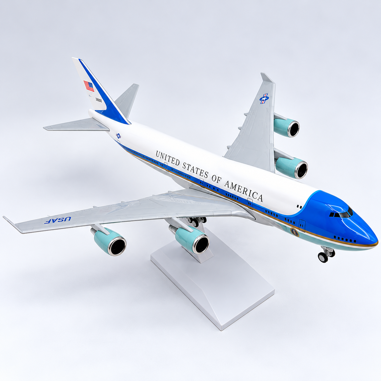 Air Force One Boeing 747-400 Presidential Blue and White Livery 1:250 Scale Resin Aircraft Model 30cm with Display Stand