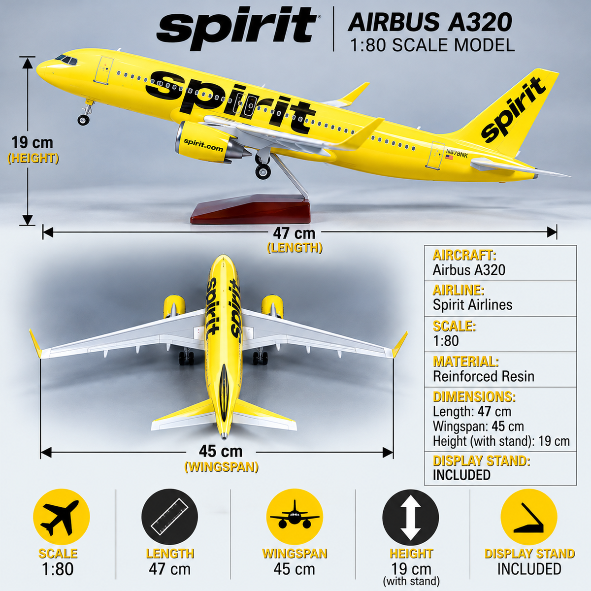Modelo de avión de resina Spirit Airlines Airbus A320neo a escala 1:80 – 47 cm / 18,5 pulgadas