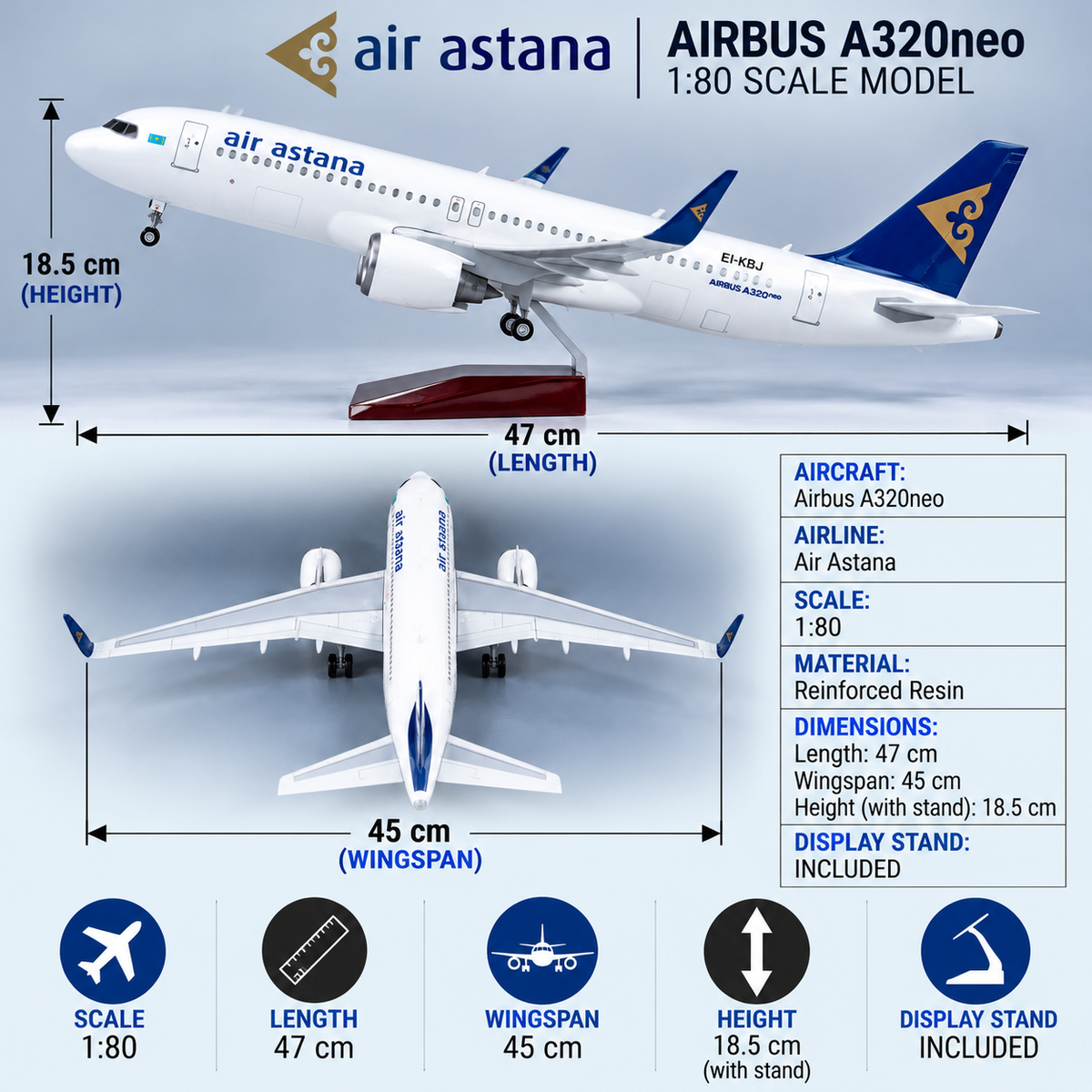Air Astana Airbus A320neo 1:80 Scale Sound-Activated LED Aircraft Model