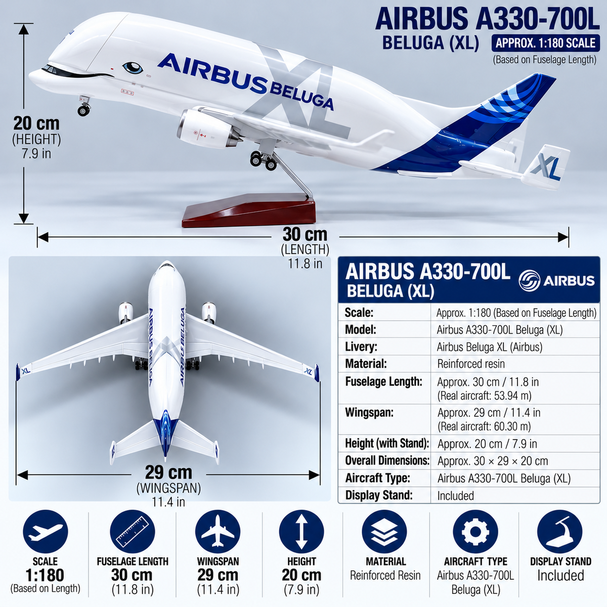 Airbus A330-700L BelugaXL 1:180 Scale Aircraft Model – 30cm Premium Resin Cargo Plane Model