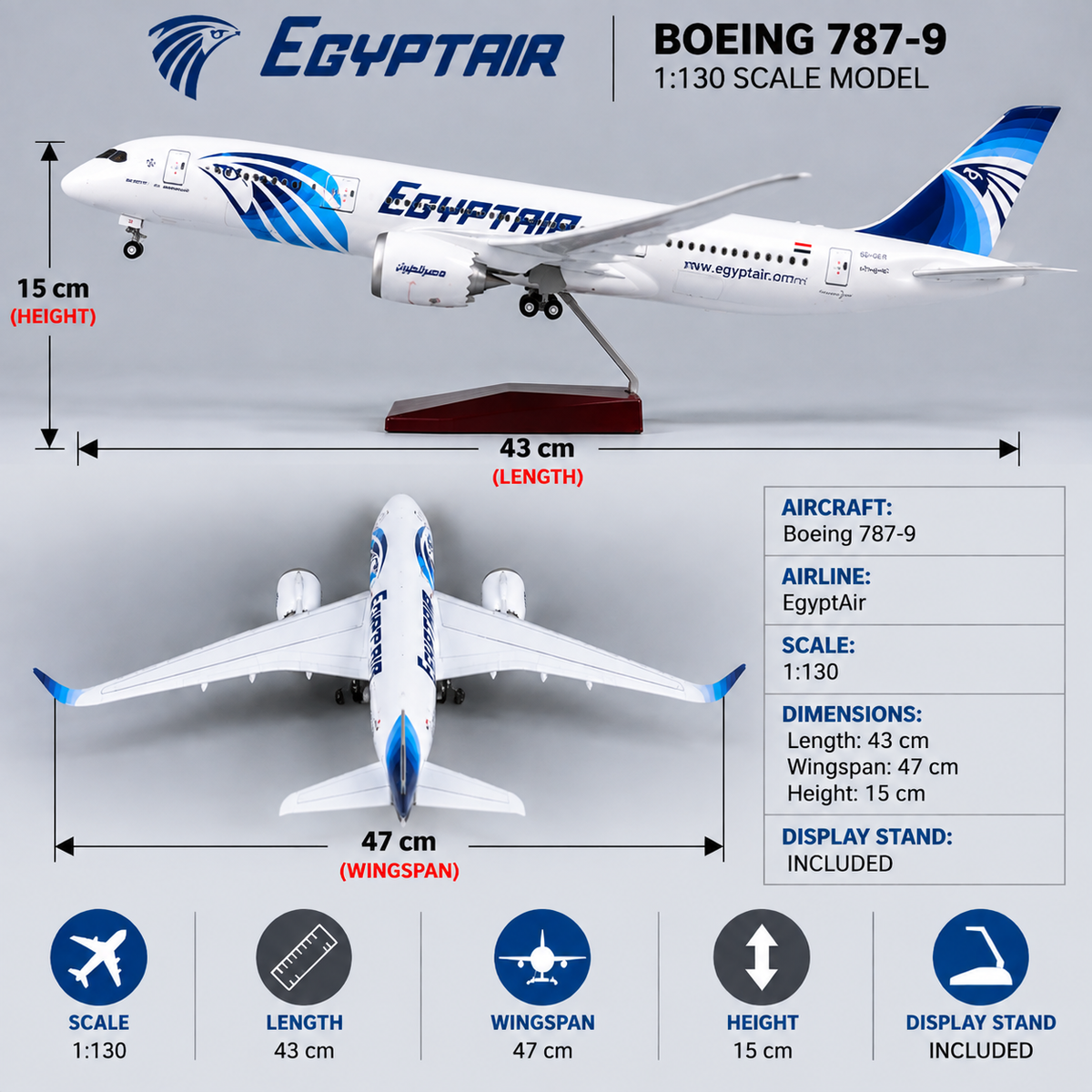 EgyptAir Boeing 787-9 Dreamliner 1:130 Scale LED Aircraft Model