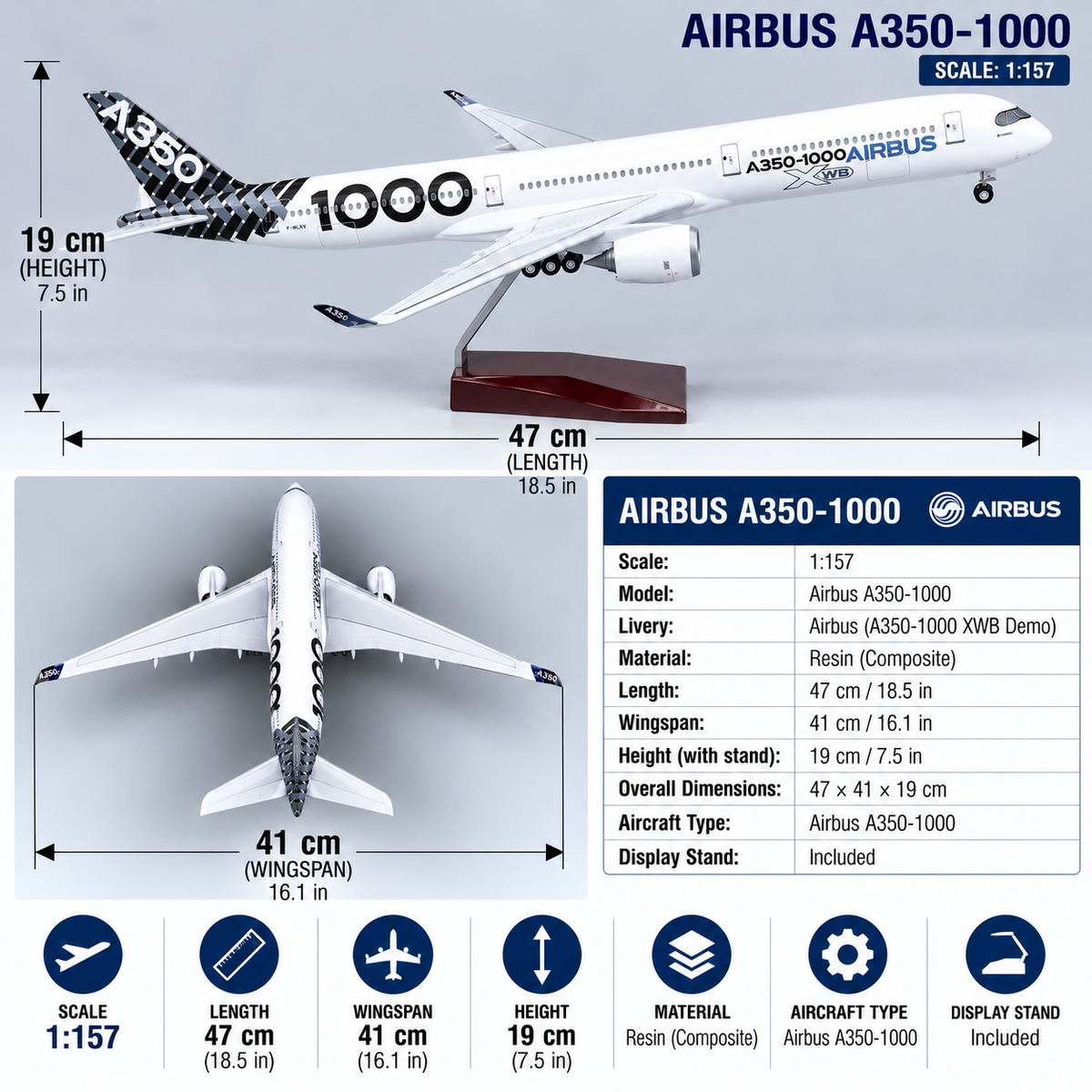 Airbus A350-1000 XWB 1:157 Scale LED Aircraft Model – 47cm Premium Resin Collector Plane Model