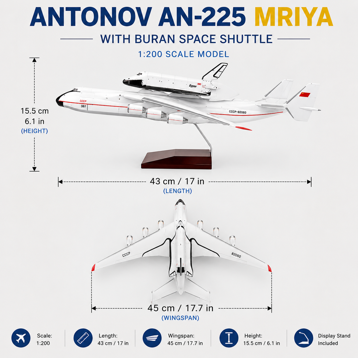 Antonov An-225 Mriya with Buran Space Shuttle 1:200 – 43cm Collector Aircraft Model