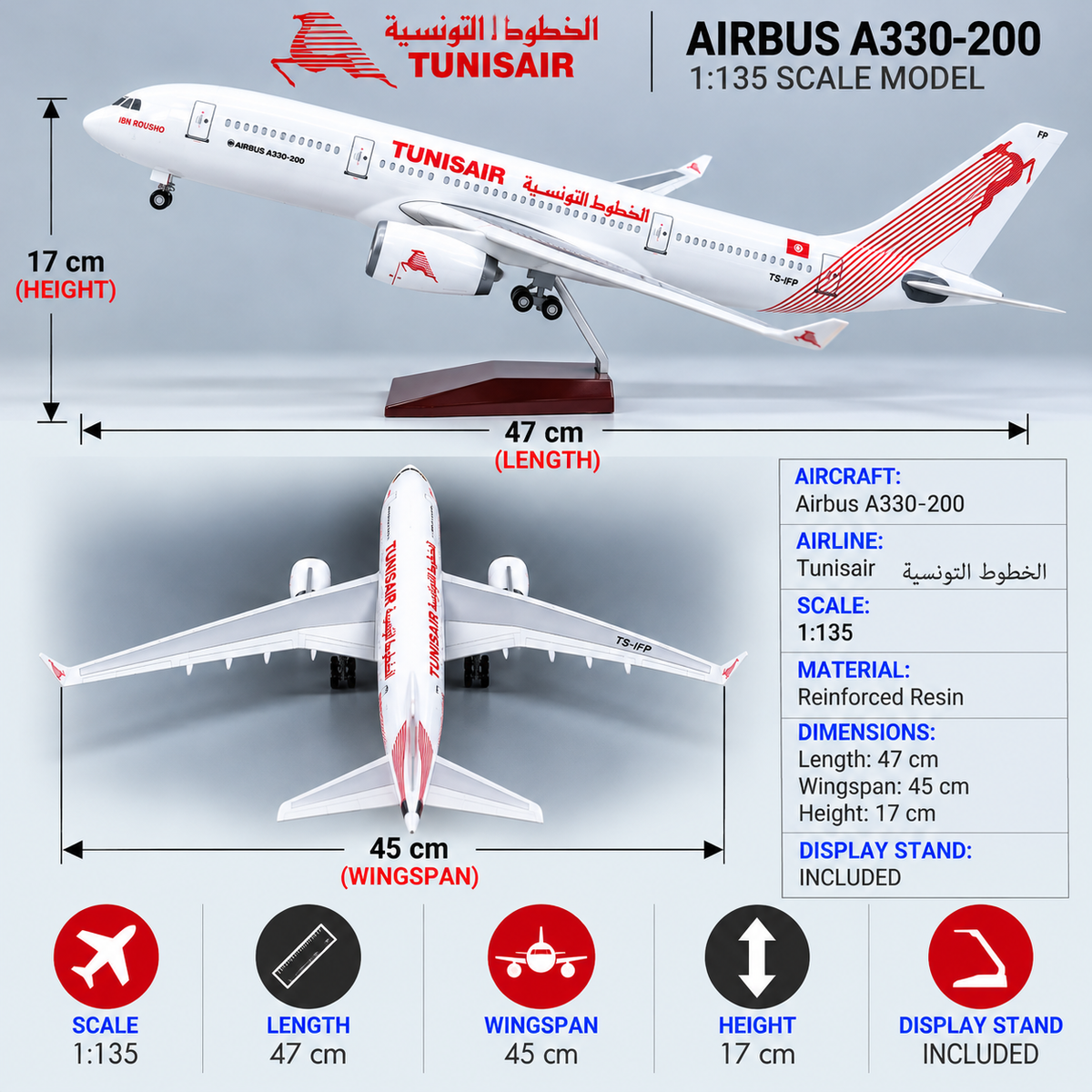 Modelo de avión Tunisair Airbus A330-200 a escala 1:135 de resina con luces LED