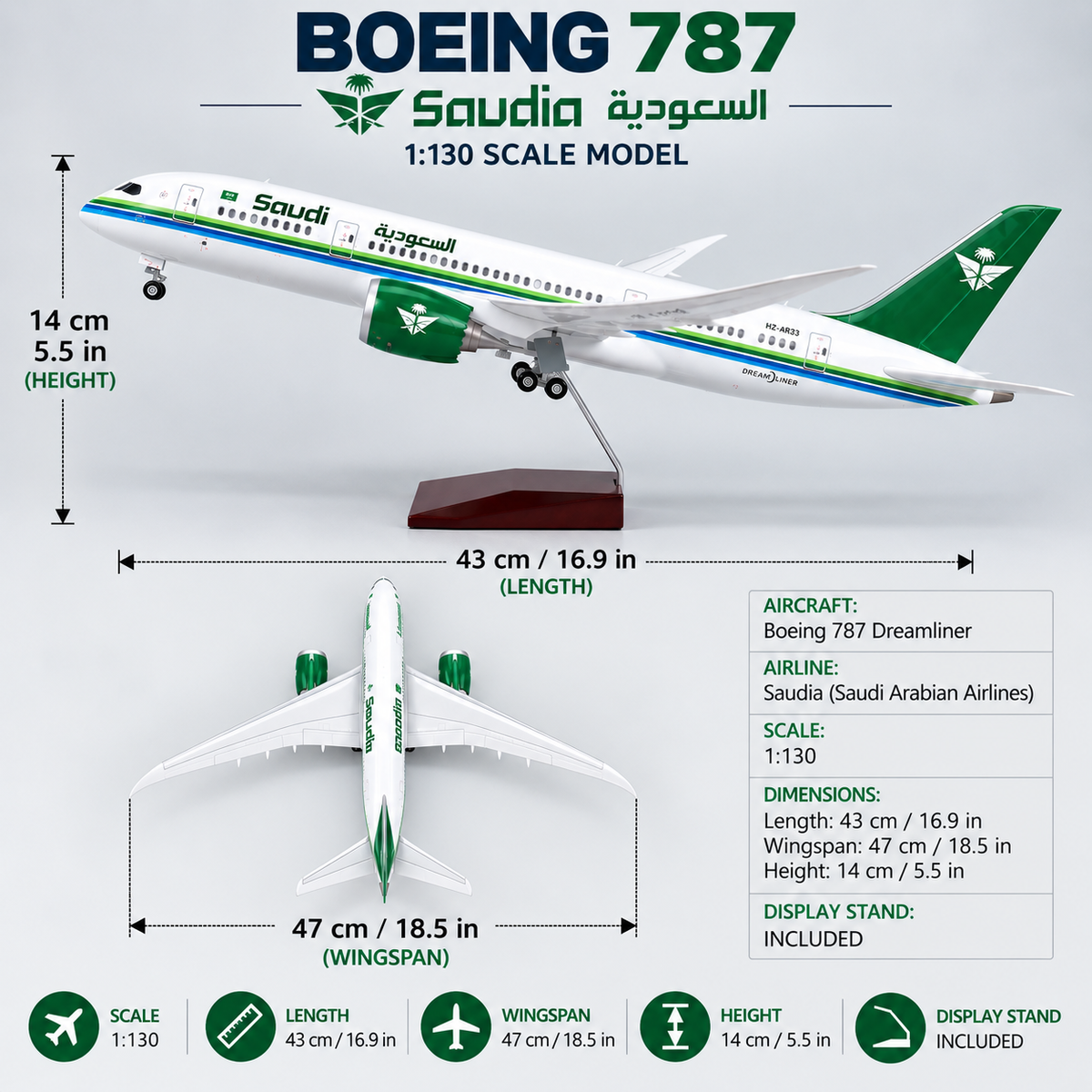Saudia Boeing 787 Dreamliner 1:130 Scale LED Model – 43cm Premium Resin Aircraft Model