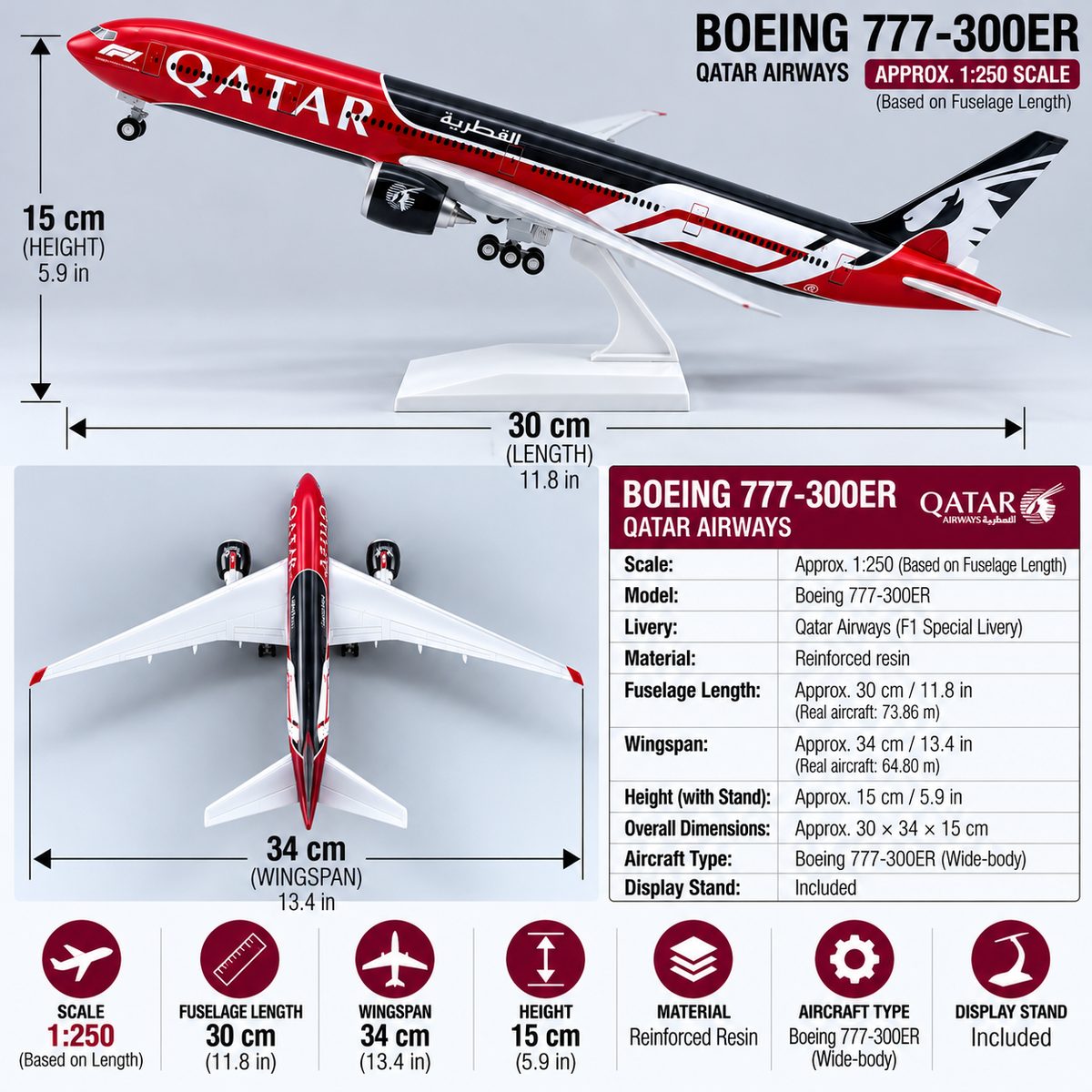 Qatar Airways Boeing 777-300ER F1 Special Livery 1:250 Scale Resin Aircraft Model – 30cm