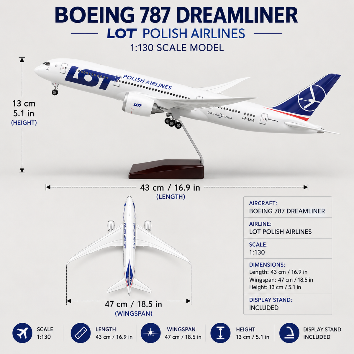 LOT Polish Airlines Boeing 787 Dreamliner 1:130 Scale Model – 43cm LED Aircraft Model
