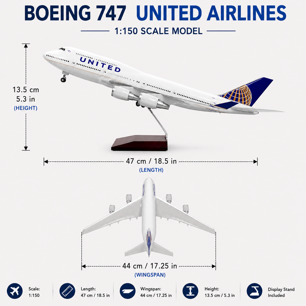 United Airlines Boeing 747 1:150 Scale Aircraft Model – 47cm Premium Resin Collector Model