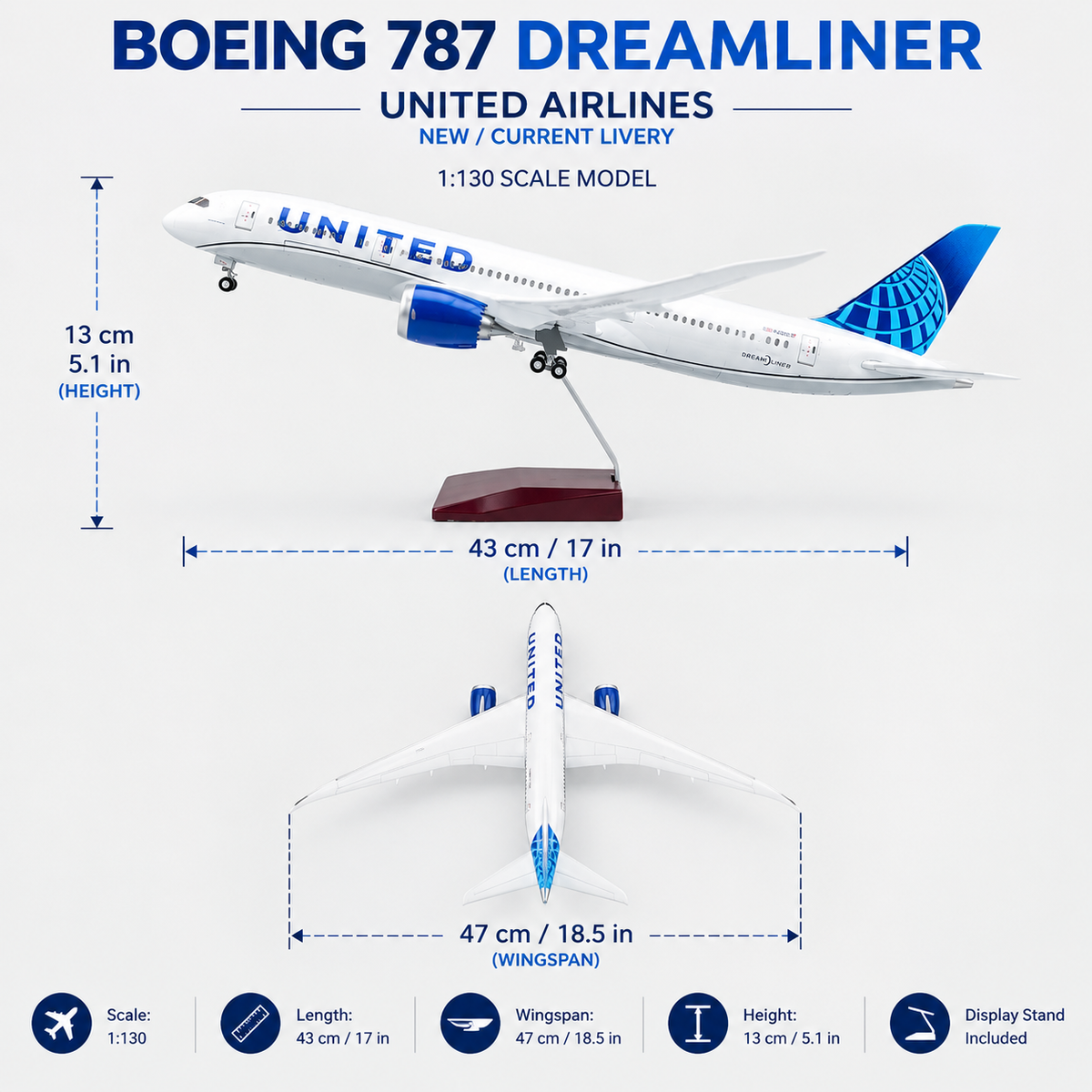 United Airlines Boeing 787 Dreamliner 1:130 Scale Model – New Livery – 43cm Premium Resin Aircraft