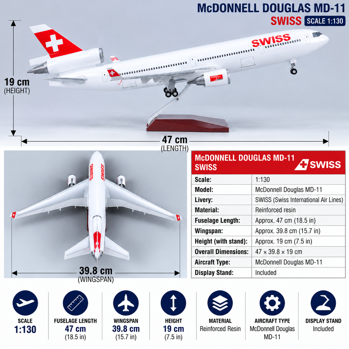 SWISS MD-11 1:130 Scale LED Aircraft Model – 47cm Reinforced Resin Airplane Model