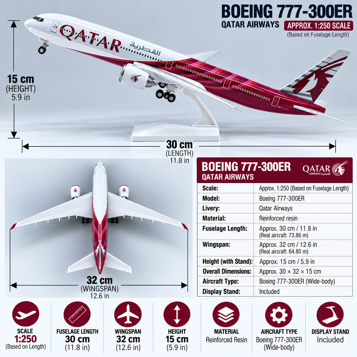 Qatar Airways Boeing 777-300ER 1:250 Scale Resin Aircraft Model – 30cm / 11.8in