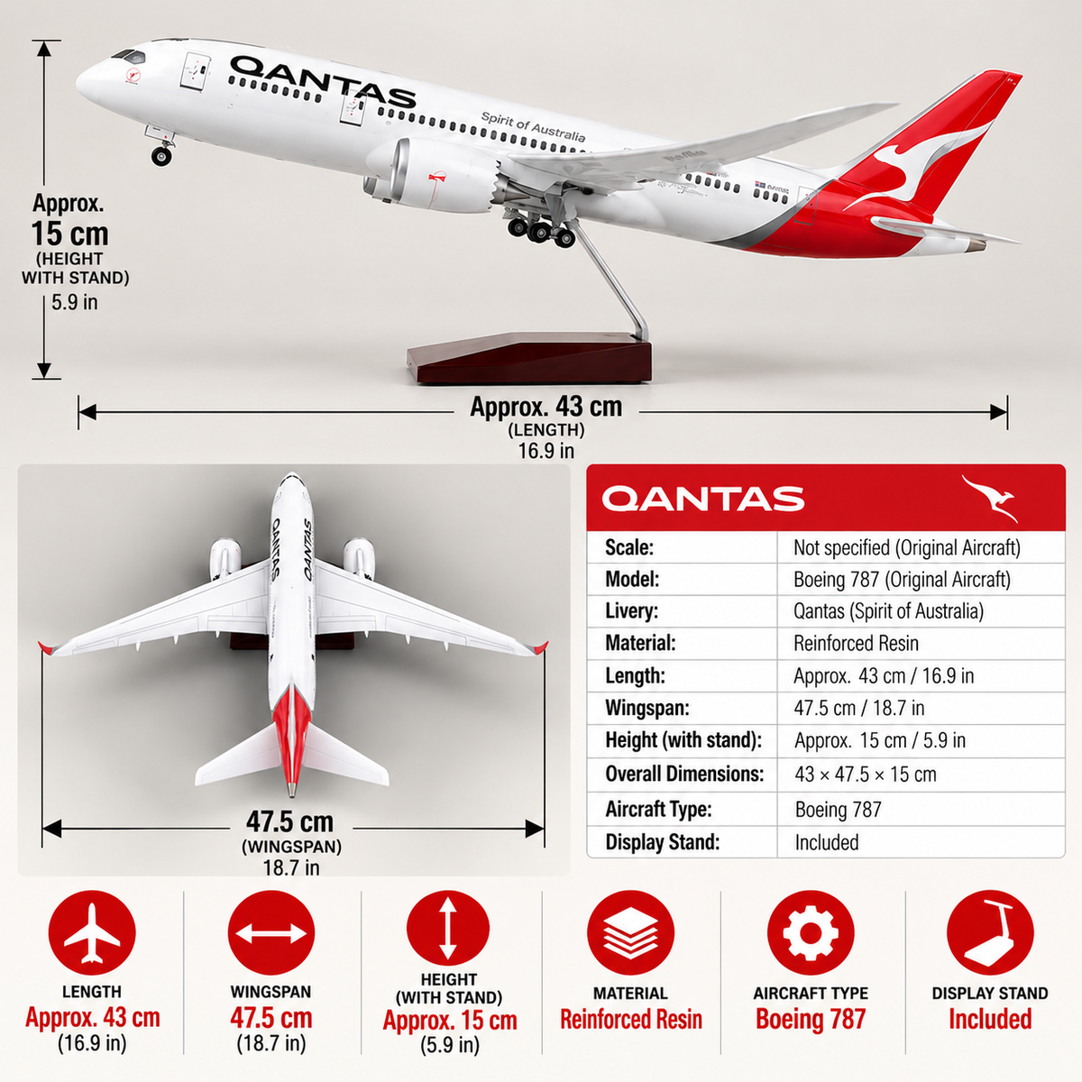 Qantas Boeing 787-9 Dreamliner 1:130 Scale LED Model – 47.5cm Aircraft Model