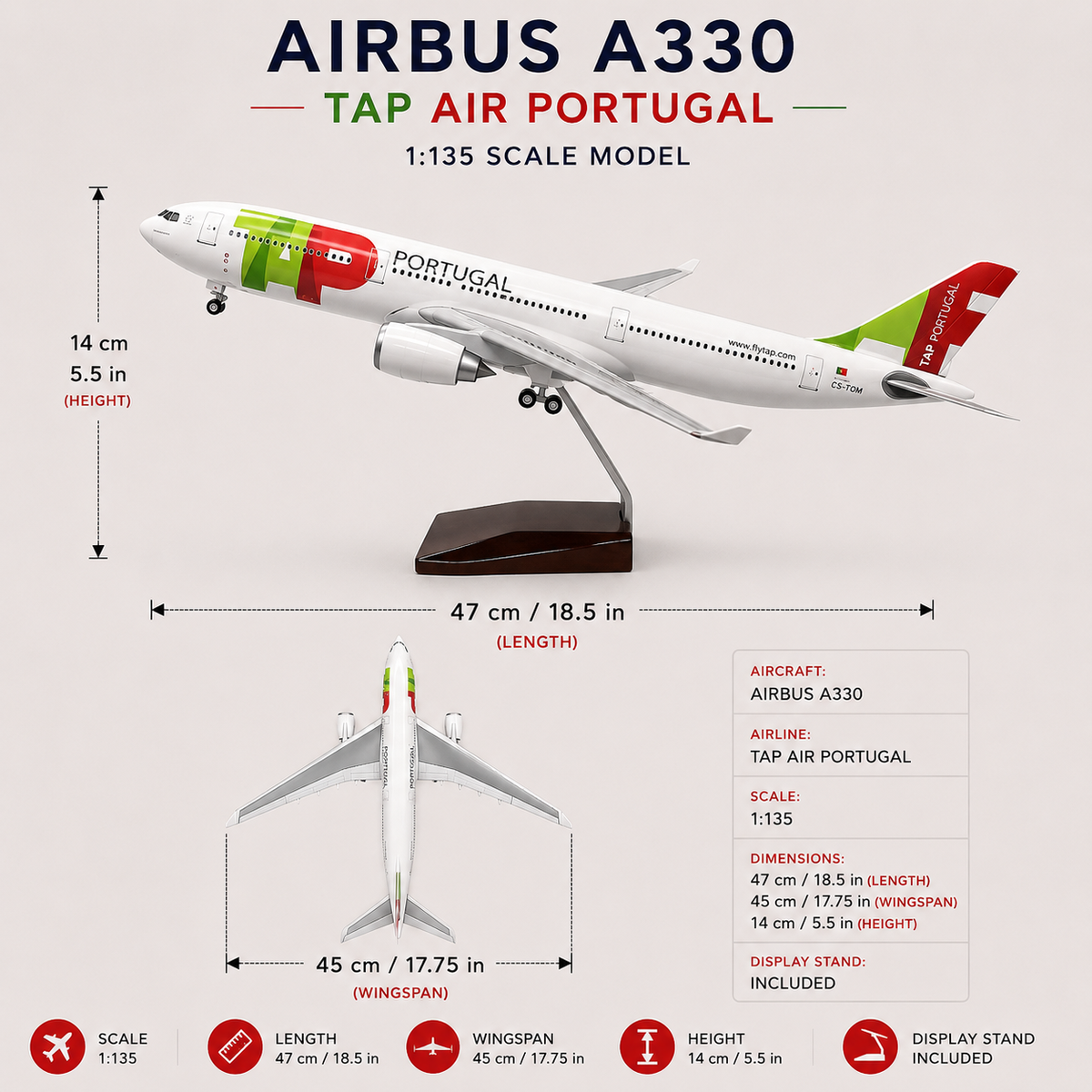 TAP Air Portugal Airbus A330 1:135 Scale Aircraft Model – 47cm Premium Resin Collector Model