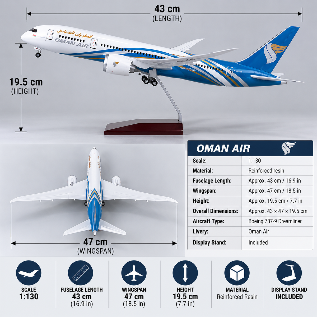Oman Air Boeing 787-9 Dreamliner 1:130 Scale Sound-Activated LED Aircraft Model – 43cm