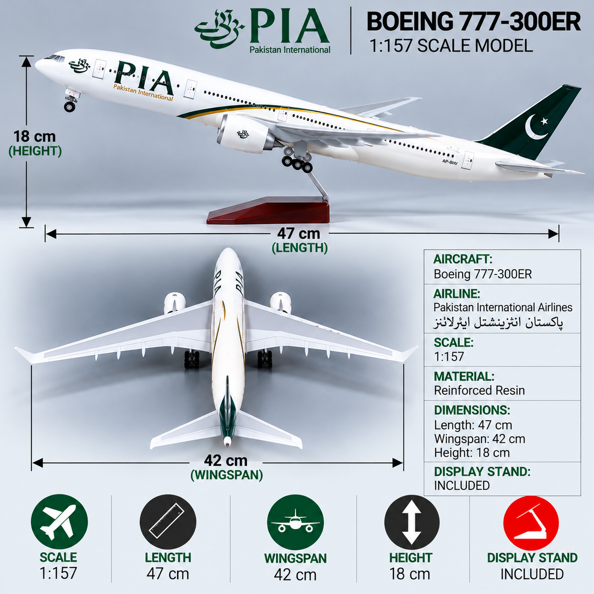 Modelo de avión de resina a escala 1:157 del Boeing 777 de Pakistan International Airlines (PIA)