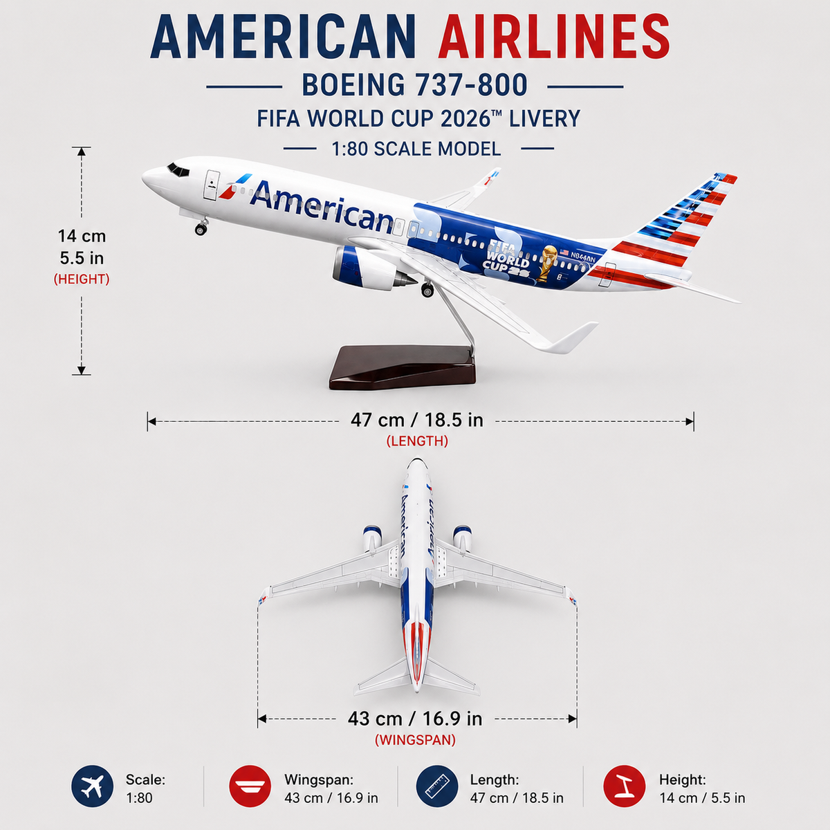 American Airlines Boeing 737-800 World Cup 2026 1:85 Scale Model – 47cm Sound-Activated LED Aircraf