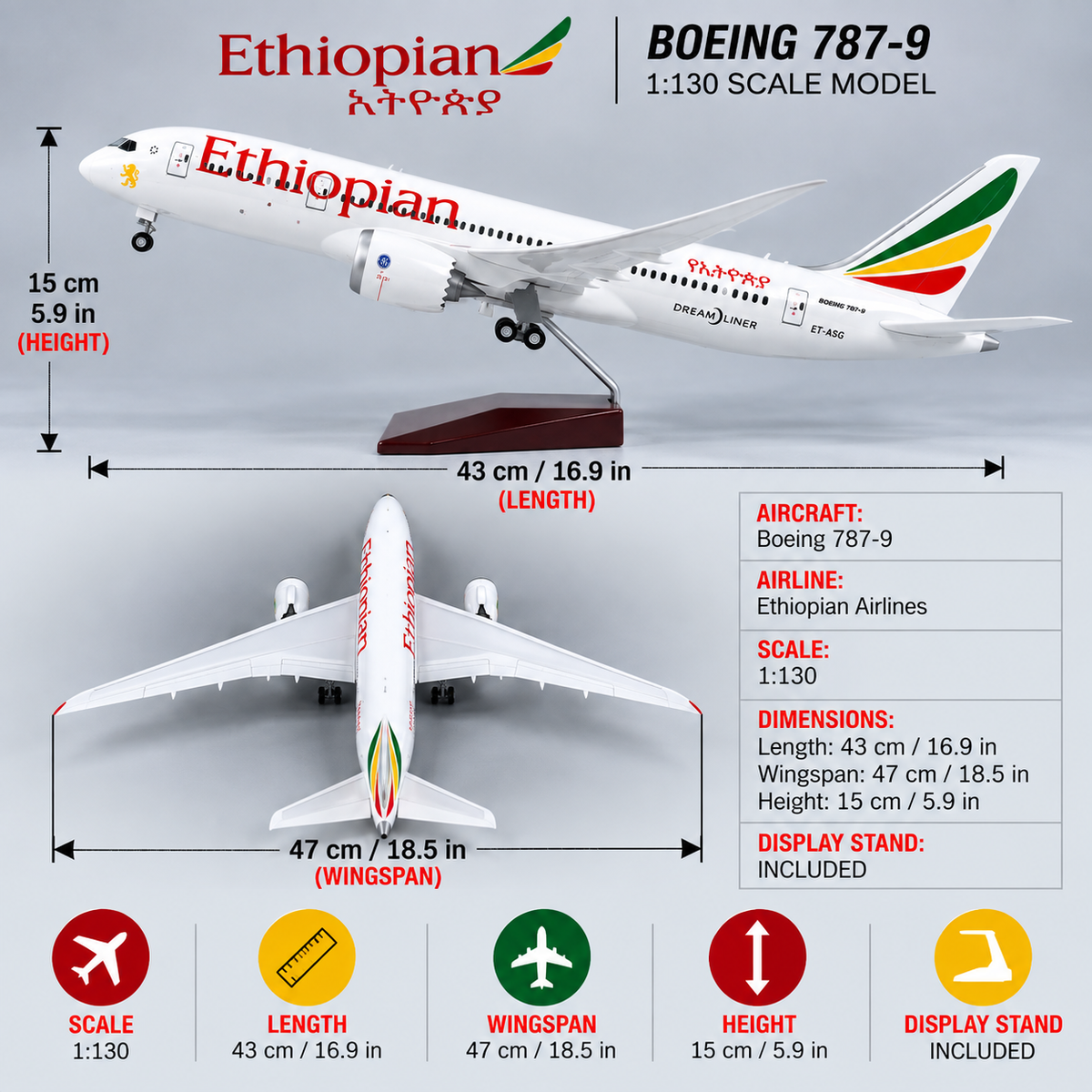 Ethiopian Airlines Boeing 787-9 Dreamliner 1:130 Scale LED Aircraft Model