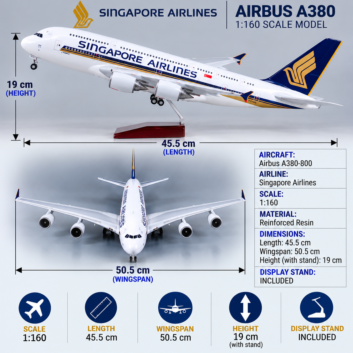 Modelo de avión Airbus A380 de Singapore Airlines a escala 1:160 – 47 cm / 18,5 pulgadas