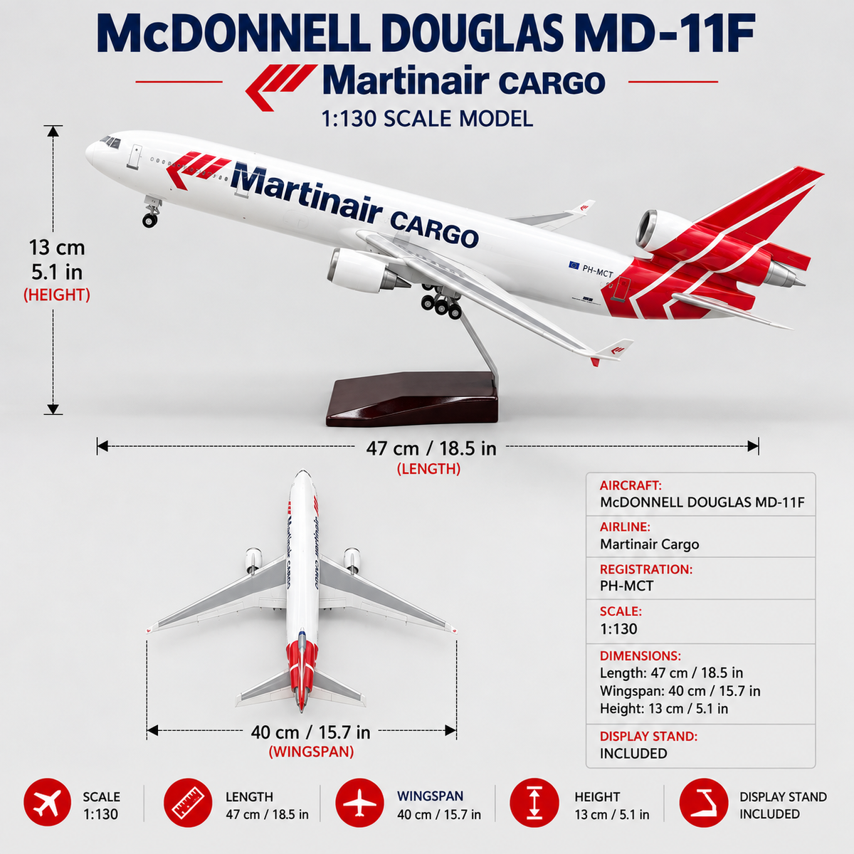 Martinair Cargo MD-11F 1:130 Scale Aircraft Model – 47cm Sound-Activated LED Resin Collector Model