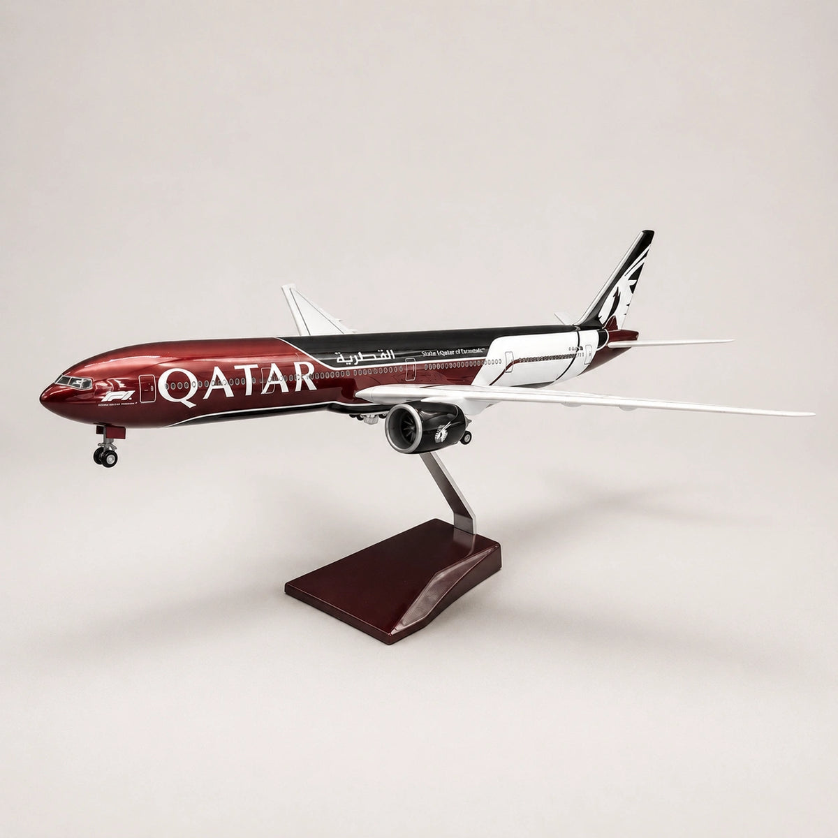 Qatar Airways Boeing 777-300ER Formula 1® Airplane Model with Sound-Activated LED Lights – 1:157 Scale – 18.5 in