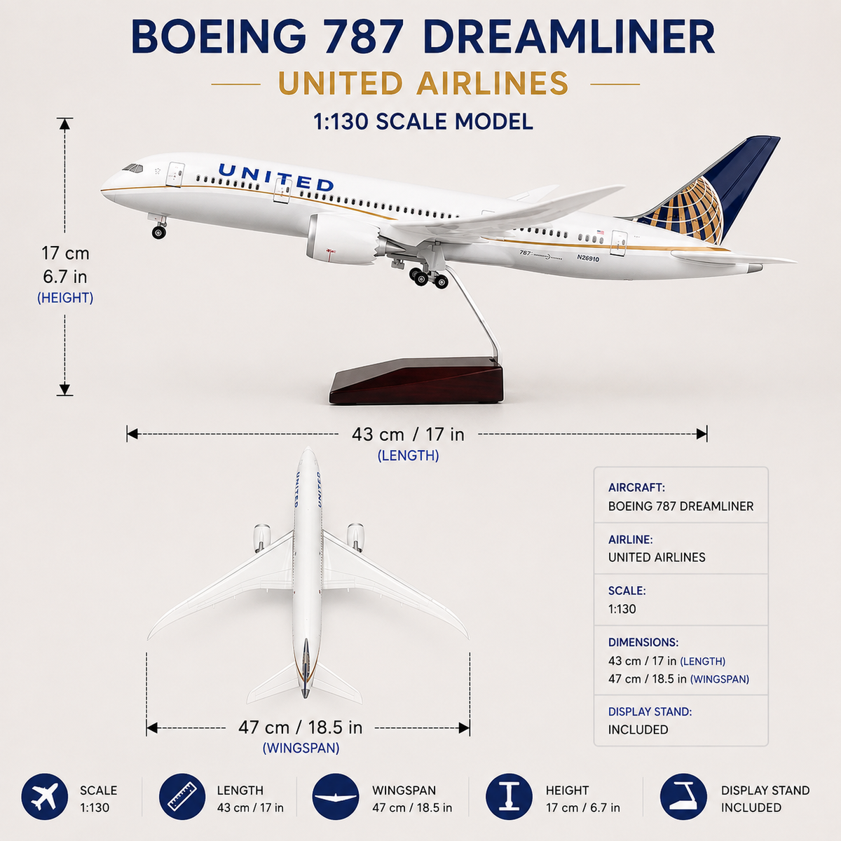 United Airlines Boeing 787 Dreamliner 1:130 Scale Model – 43cm Sound-Activated LED Aircraft Model