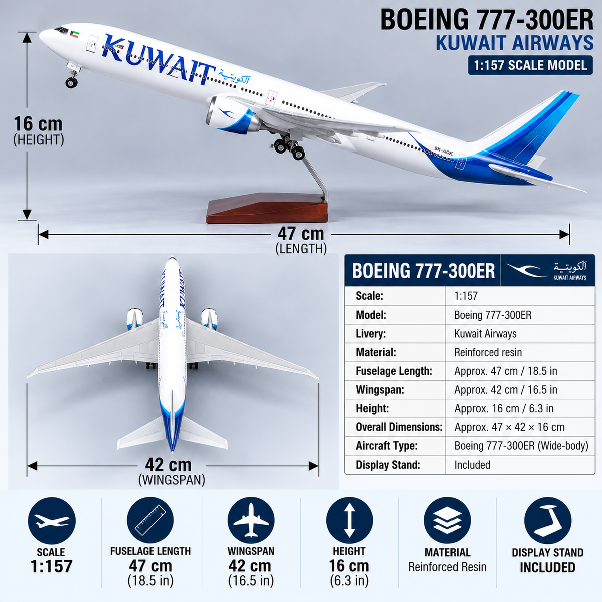 Kuwait Airways Boeing 777-300ER 1:157 Scale Resin Aircraft Model – 47cm / 18.5in