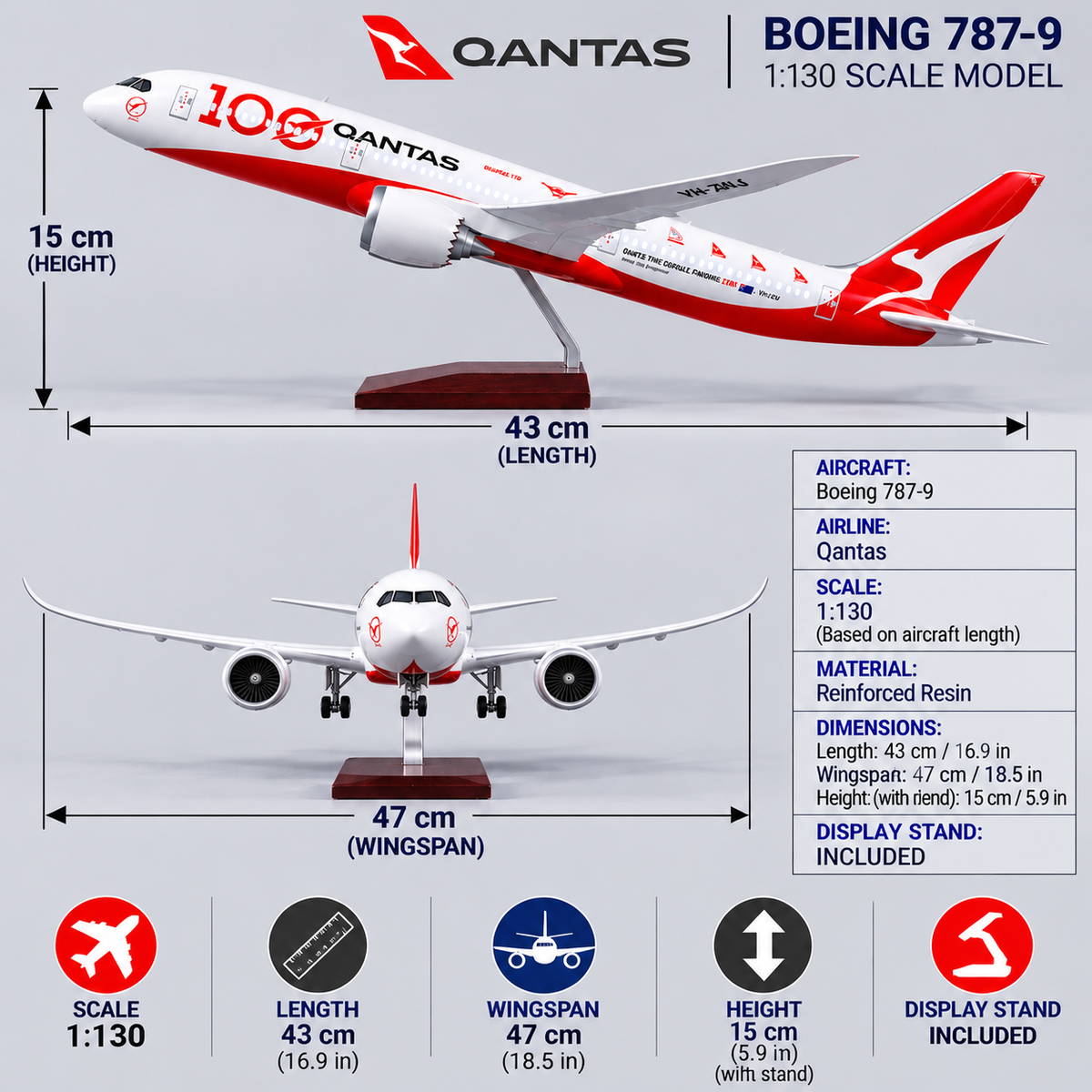 Qantas Boeing 787-9 Dreamliner 100th Anniversary 1:130 Scale  LED Aircraft Model