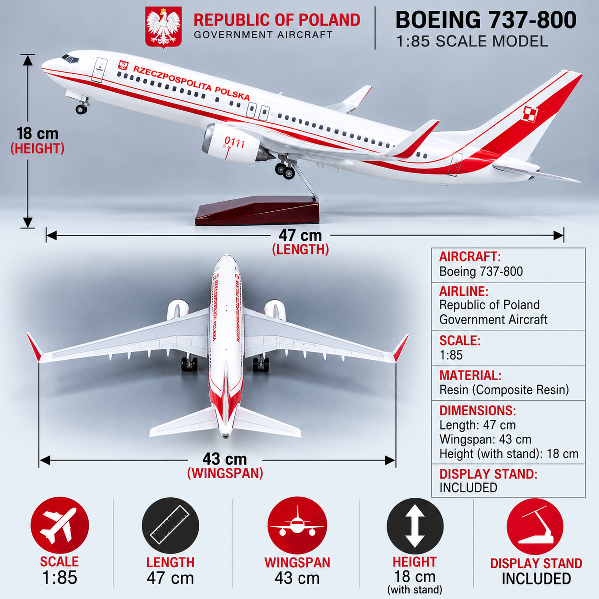Republic of Poland Boeing 737-800 1:85 Scale Sound-Activated LED Aircraft Model