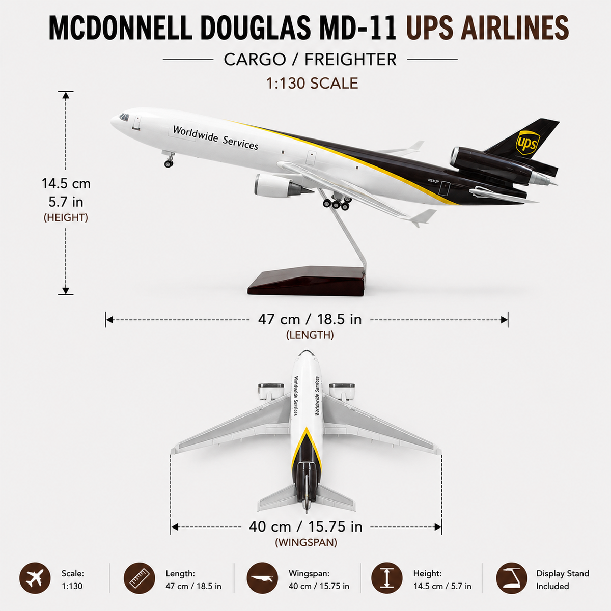 UPS McDonnell Douglas MD-11 Cargo Aircraft Model 1:130 – 47cm Extra Large Collector Display Model