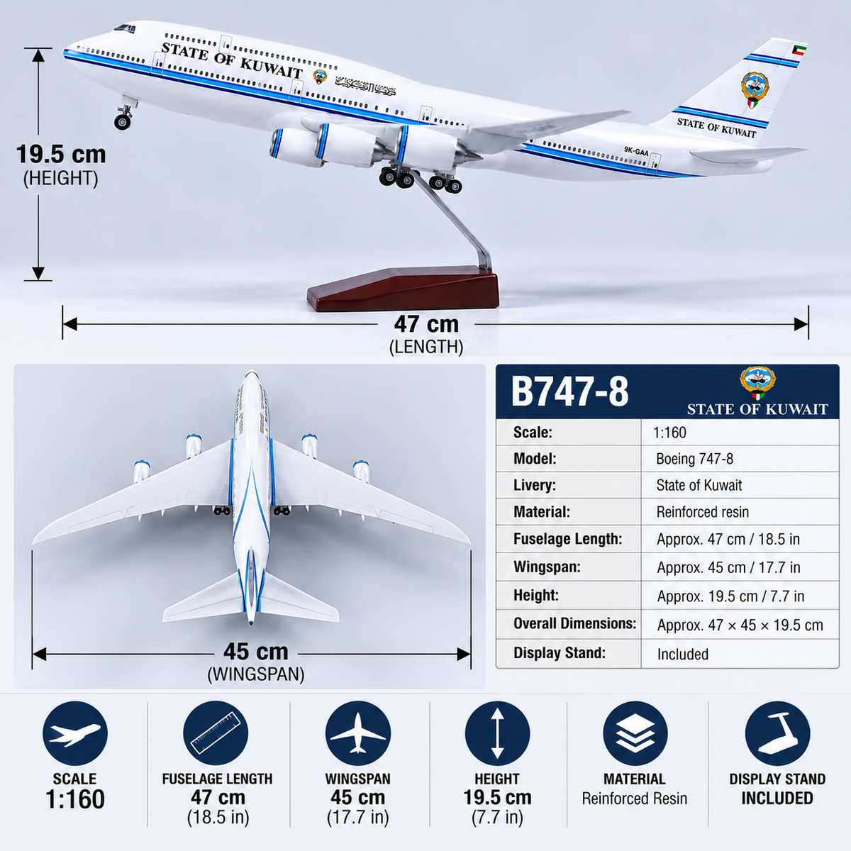 State of Kuwait Boeing 747-8 1:160 Scale Sound-Activated LED Aircraft Model – 18.5 in