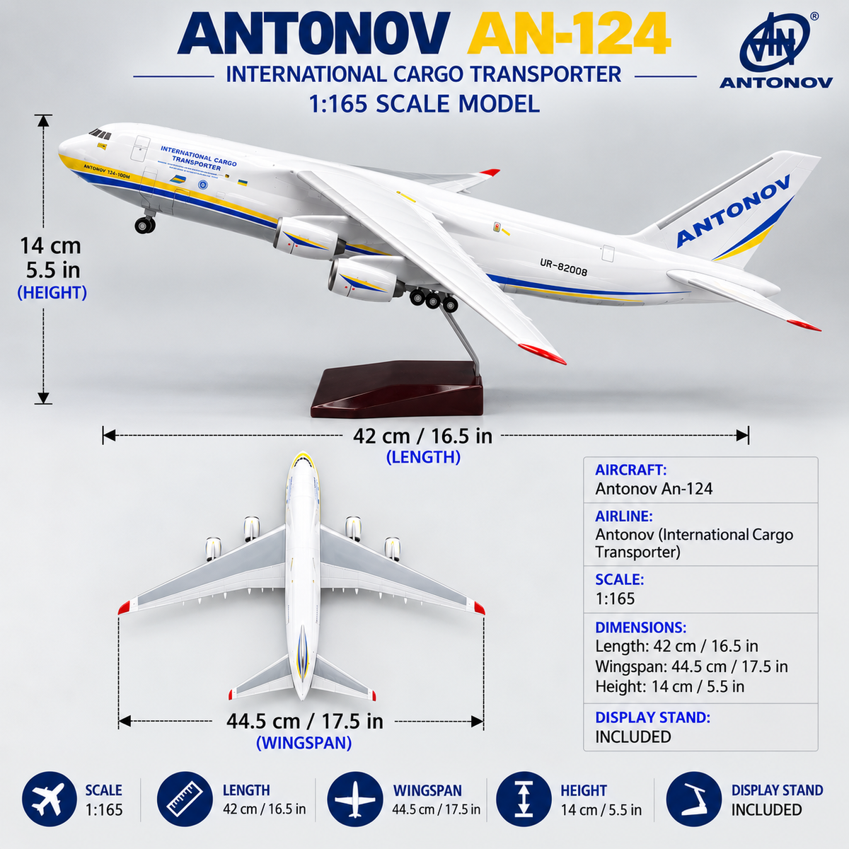 Antonov An-124 International Cargo Transporter 1:165 Scale Model – 42cm Large Cargo Aircraft
