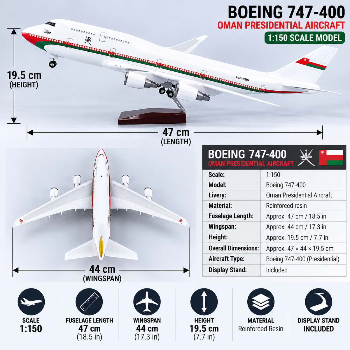 Oman Presidential Boeing 747-400 1:150 Scale Premium Resin Collector Model – 47cm