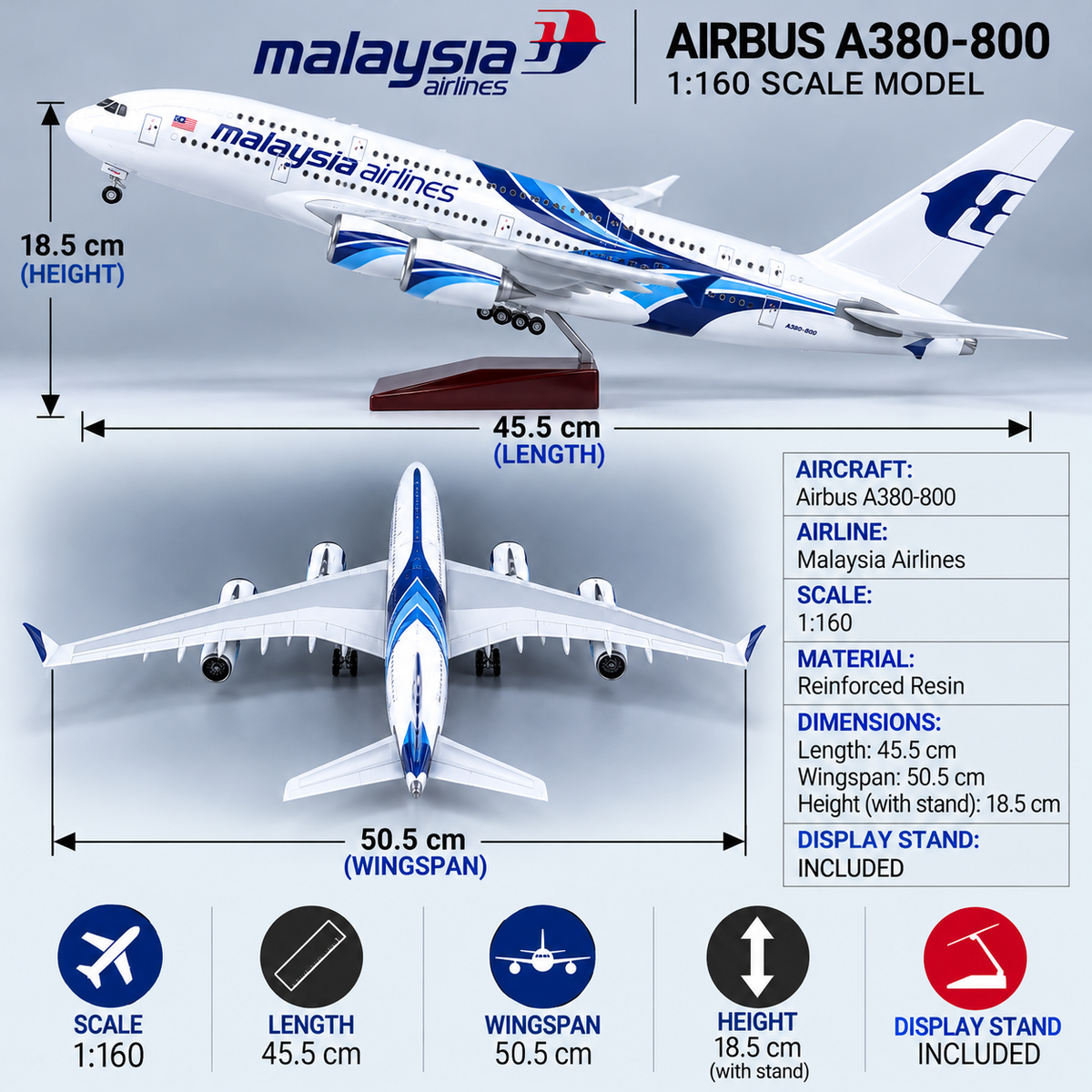 Malaysia Airlines Airbus A380-800 1:160 Scale Sound-Activated LED Aircraft Model