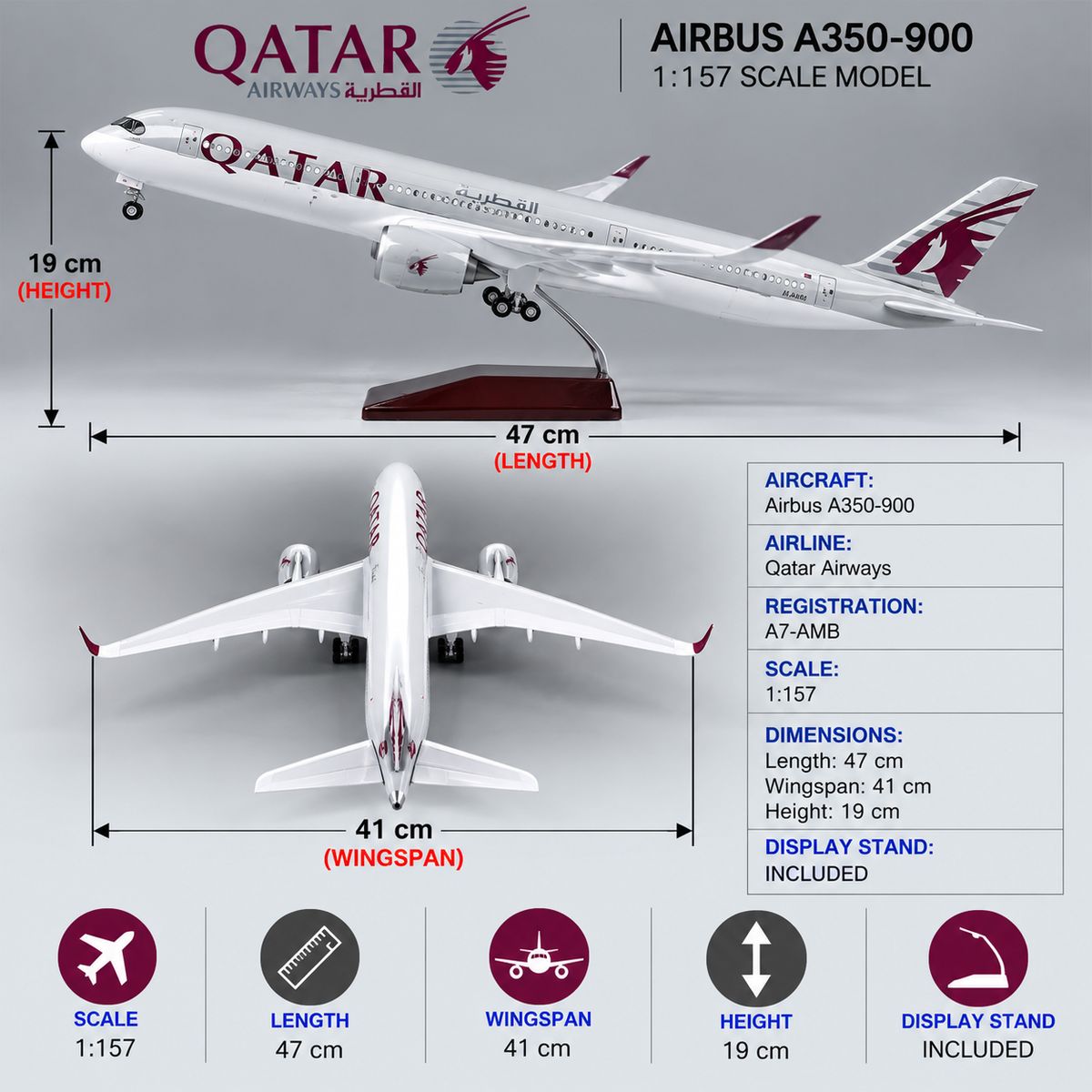 Qatar Airways Airbus A350-900 1:157 Scale LED Aircraft Model