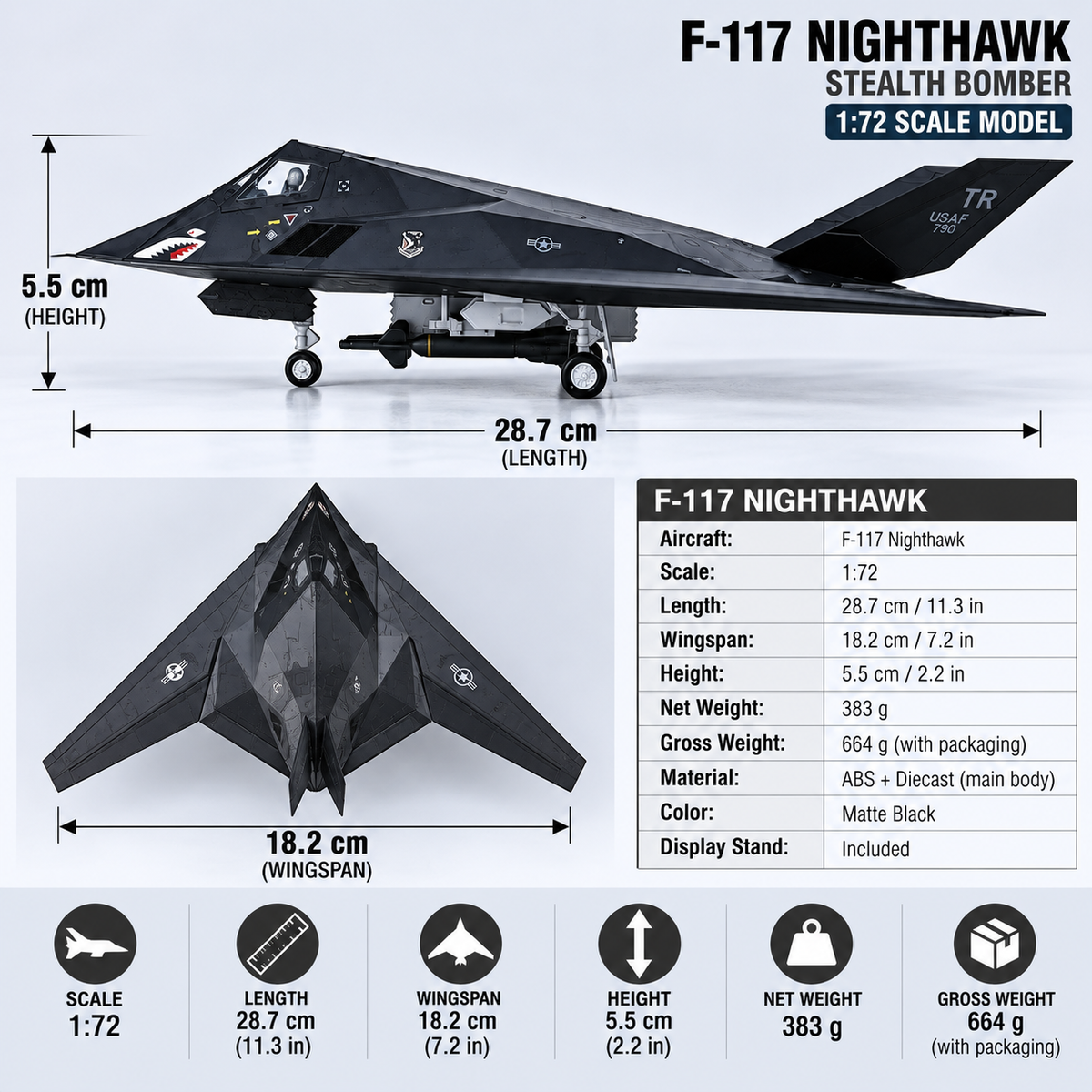 US Air Force F-117 Nighthawk Stealth Aircraft 1:72 Scale Diecast Alloy & ABS Display Model