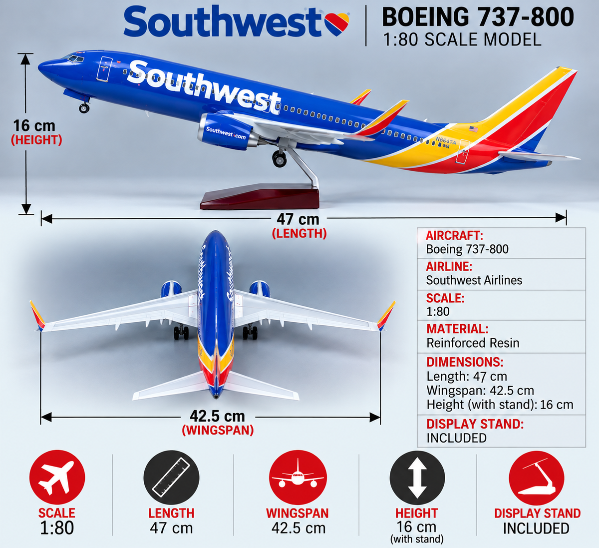Modelo de avión de resina Southwest Airlines Boeing 737 a escala 1:85 – 47 cm / 18.5 in