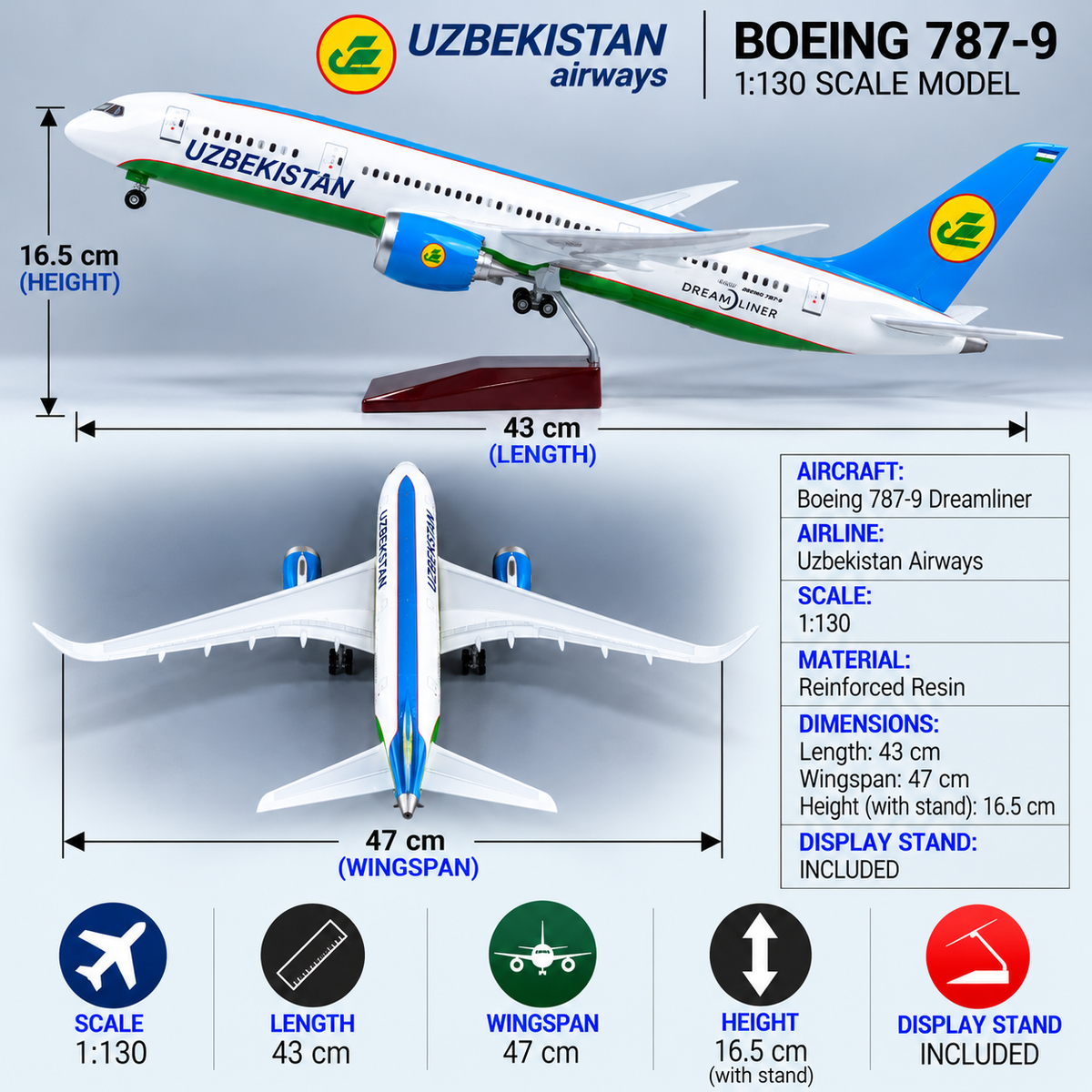 Uzbekistan Airways Boeing 787-9 Dreamliner 1:130 Scale Resin Aircraft Model